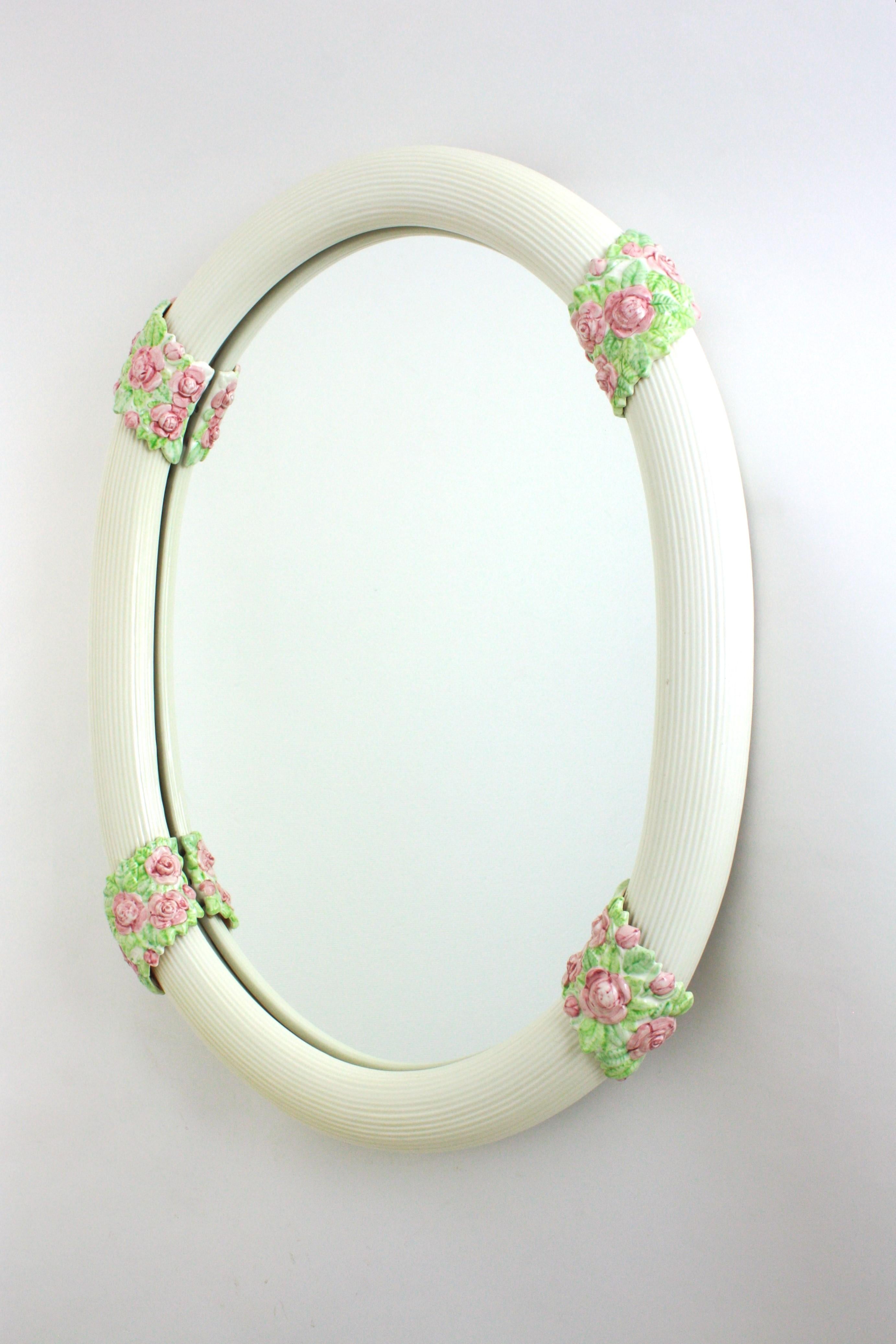 Oval Mirror in White Glazed Ceramic with Pink Flowers, Spain 1950s For Sale 5