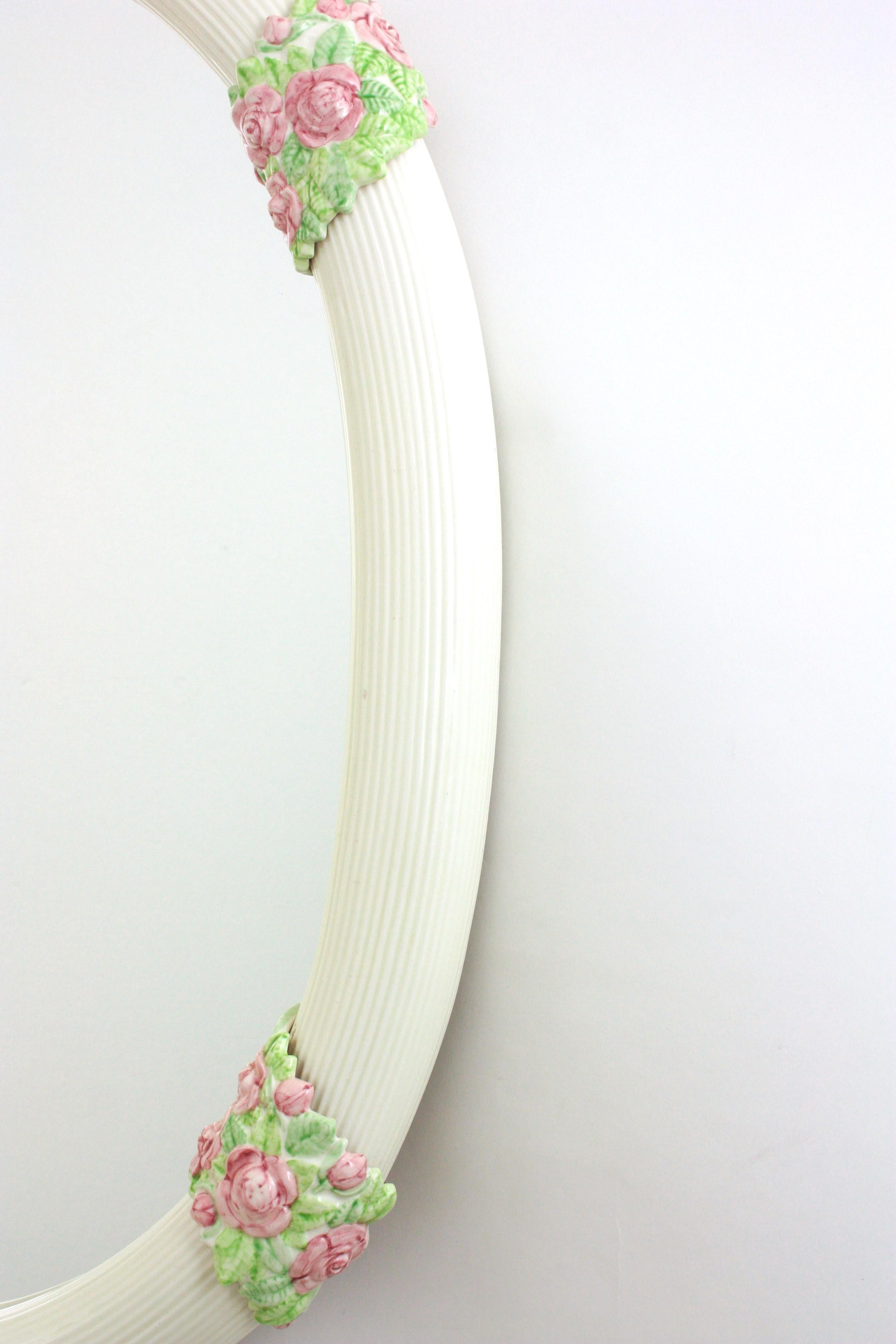Oval Mirror in White Glazed Ceramic with Pink Flowers, Spain 1950s For Sale 6