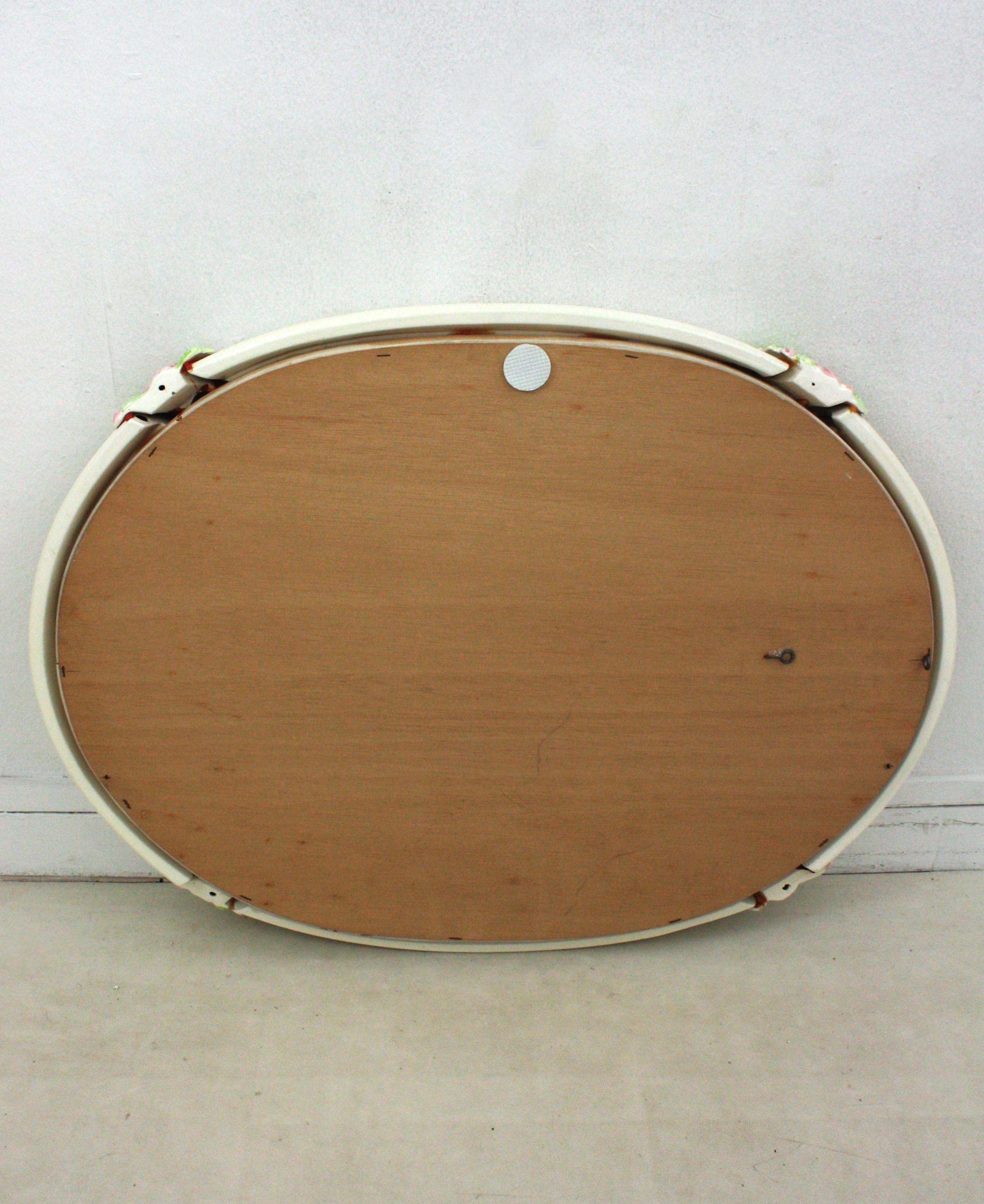 Oval Mirror in White Glazed Ceramic with Pink Flowers, Spain 1950s For Sale 7