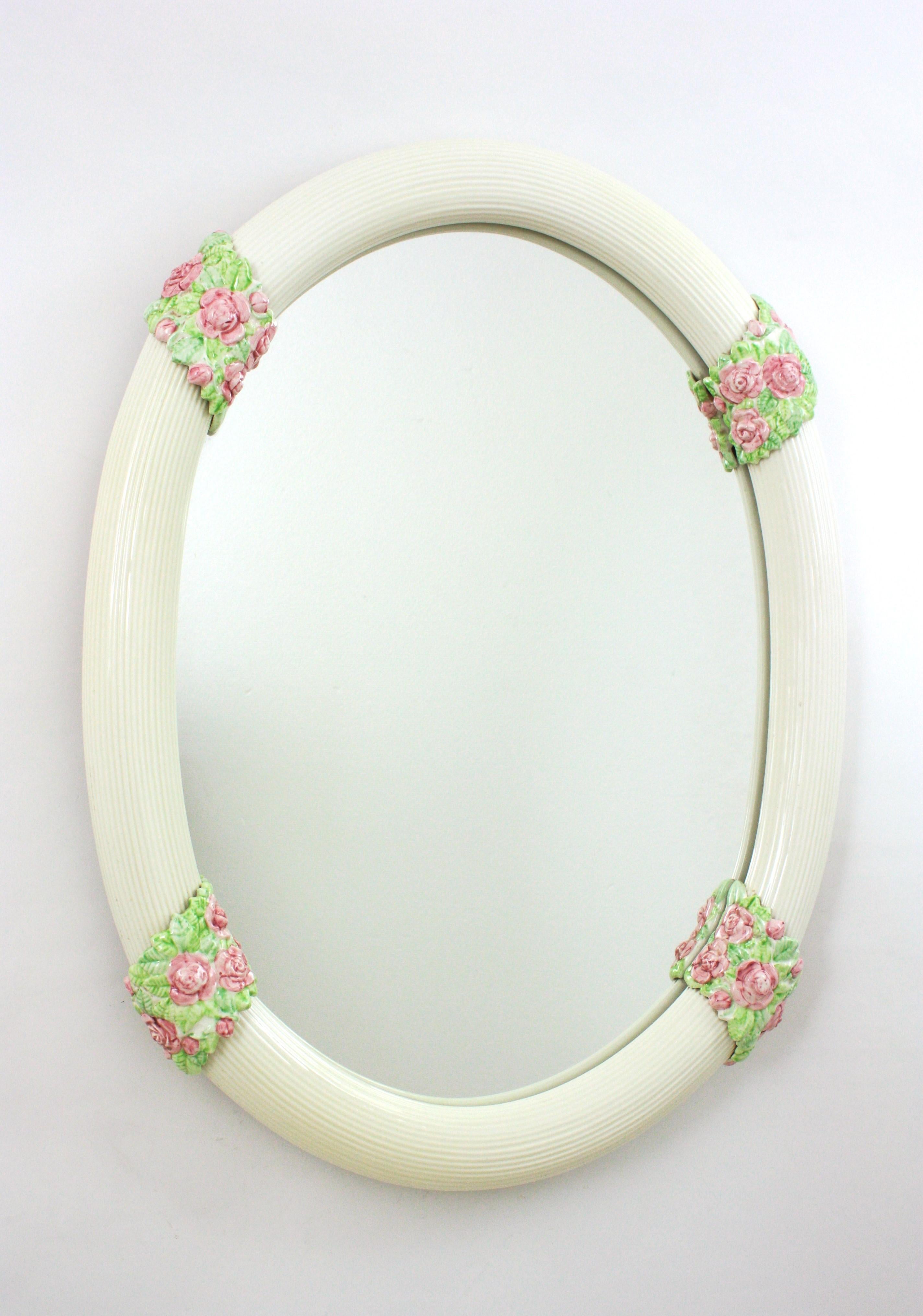 Large Oval Ceramic Mirror with Floral Accents
____________________________________________________________
Eye-catching Mid-Century Modern oval ceramic mirror with flower decorations Manufactured in Spain, 1950-1960.
Oval shape and white ceramic