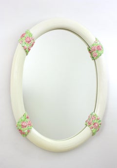 Large Oval Mirror in White Glazed Ceramic with Pink Flowers, 1950s
