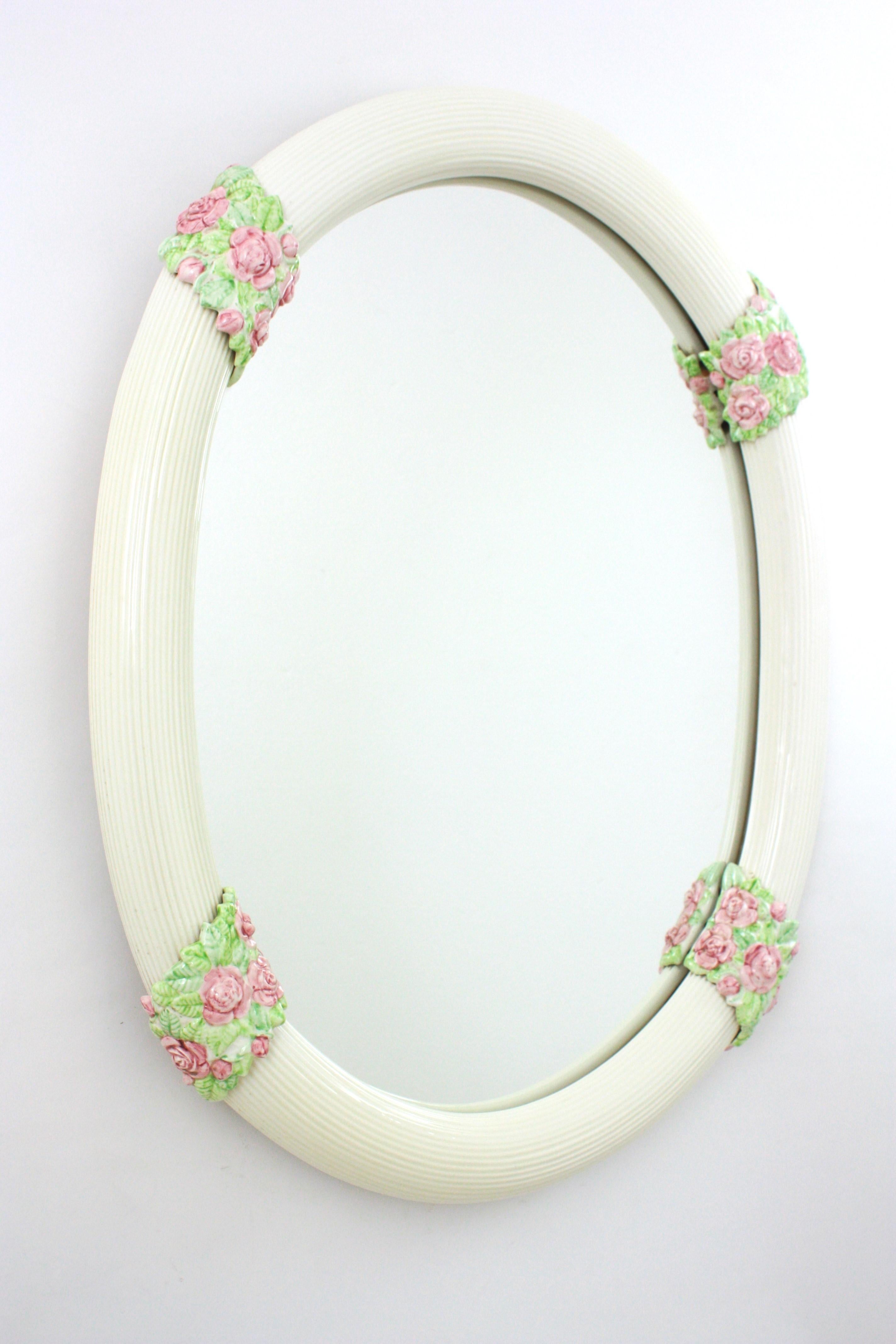 Mid-Century Modern Oval Mirror in White Glazed Ceramic with Pink Flowers, Spain 1950s For Sale