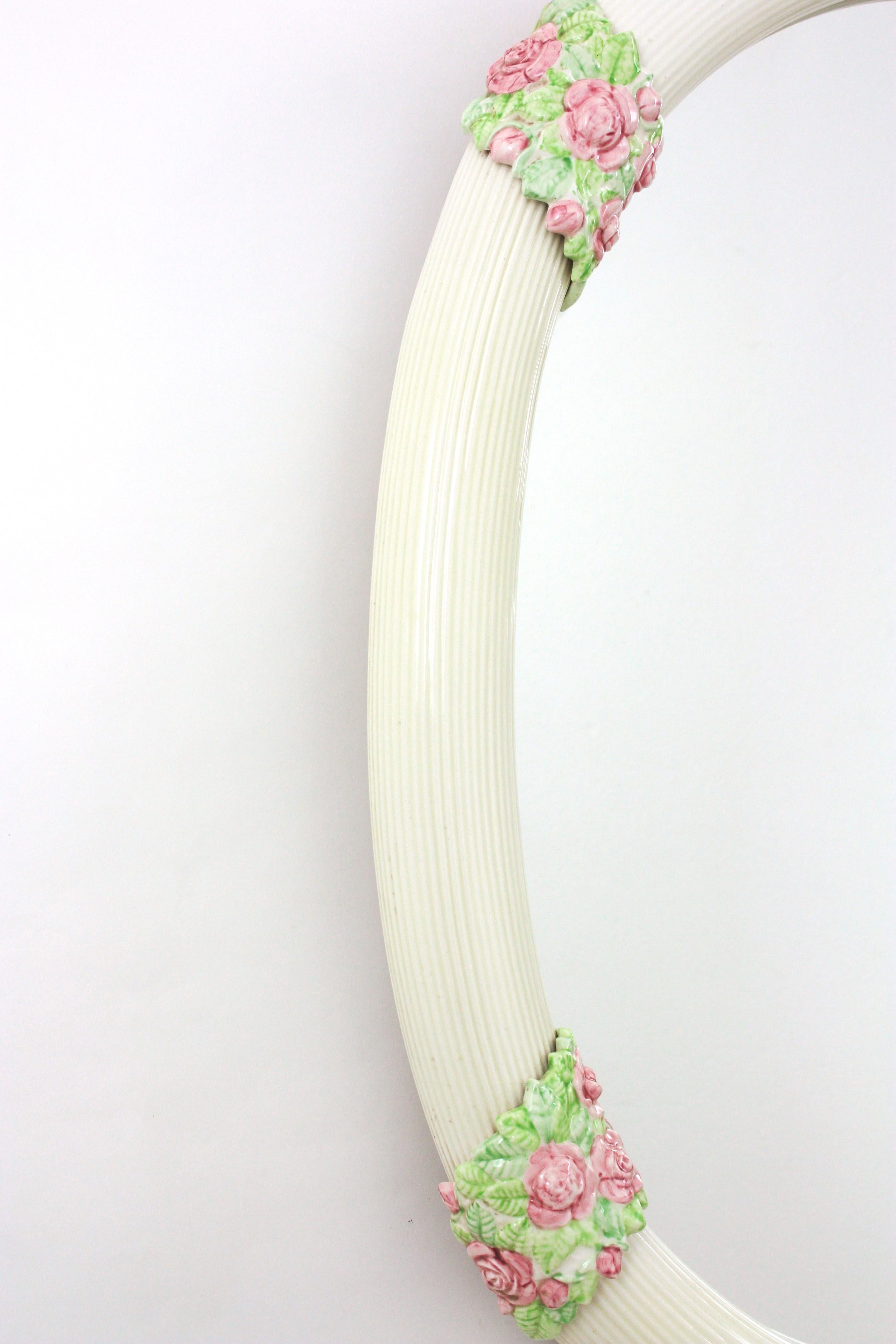 Spanish Oval Mirror in White Glazed Ceramic with Pink Flowers, Spain 1950s For Sale