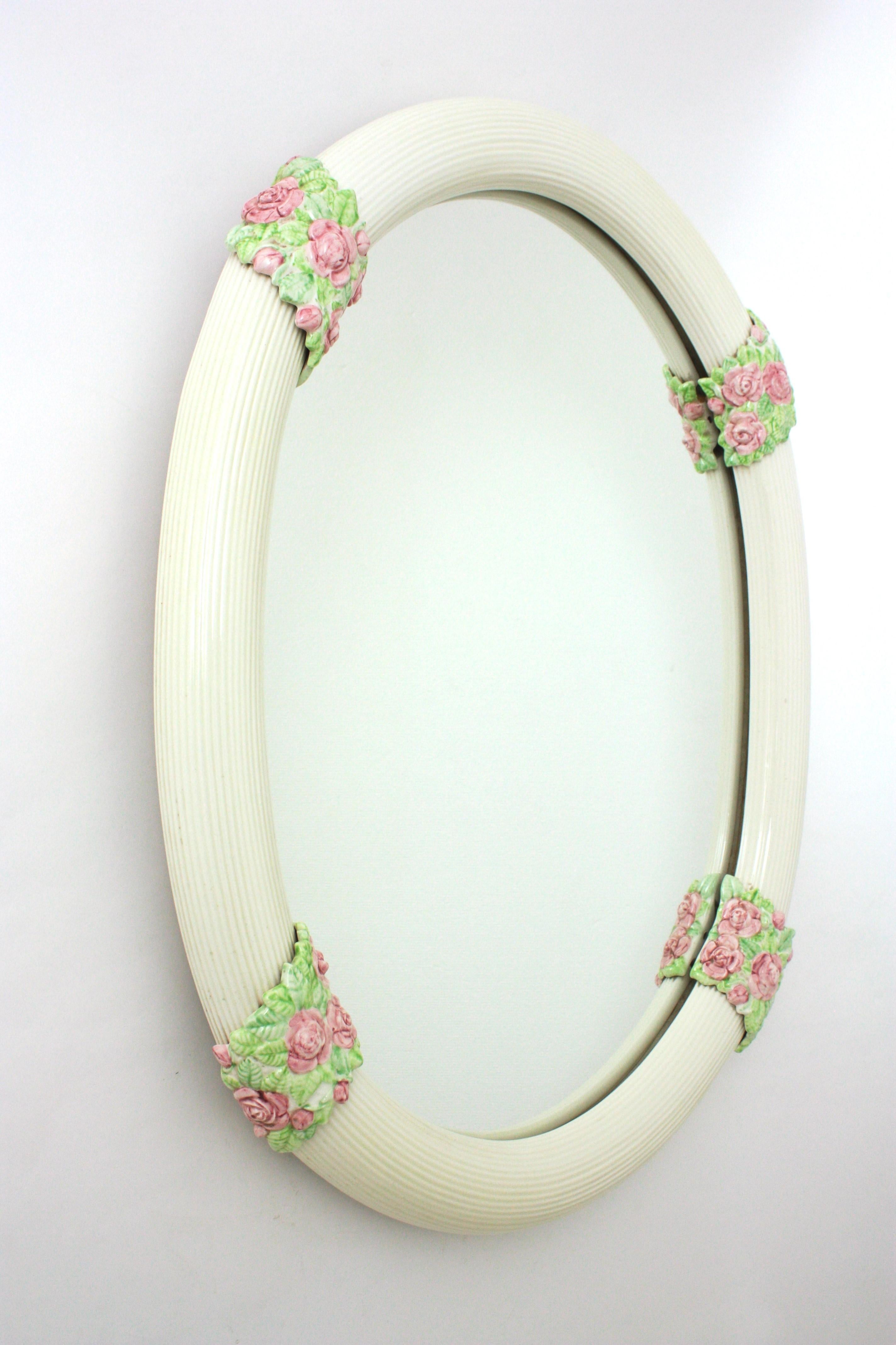 Oval Mirror in White Glazed Ceramic with Pink Flowers, Spain 1950s In Good Condition For Sale In Barcelona, ES