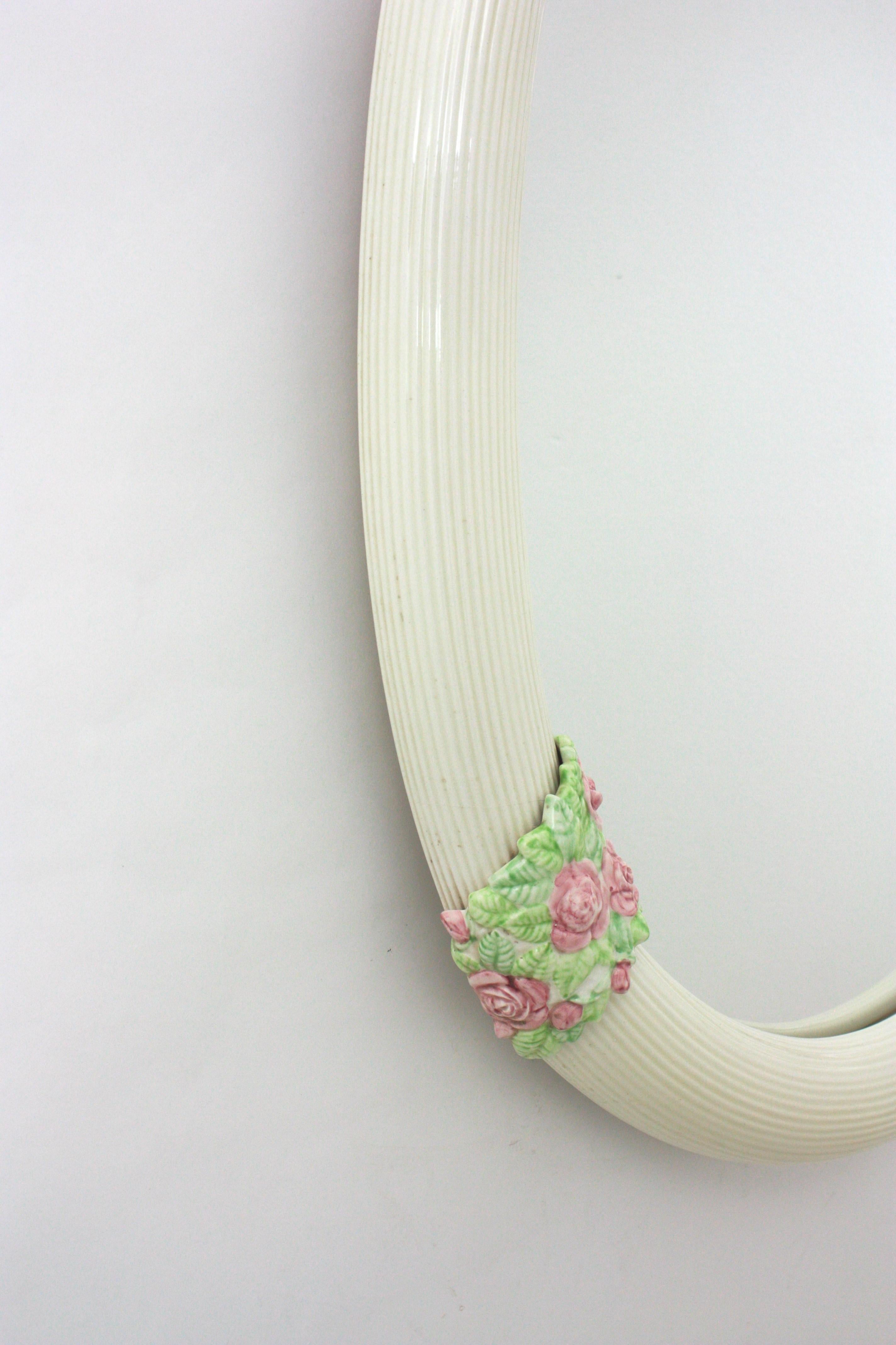 20th Century Oval Mirror in White Glazed Ceramic with Pink Flowers, Spain 1950s For Sale