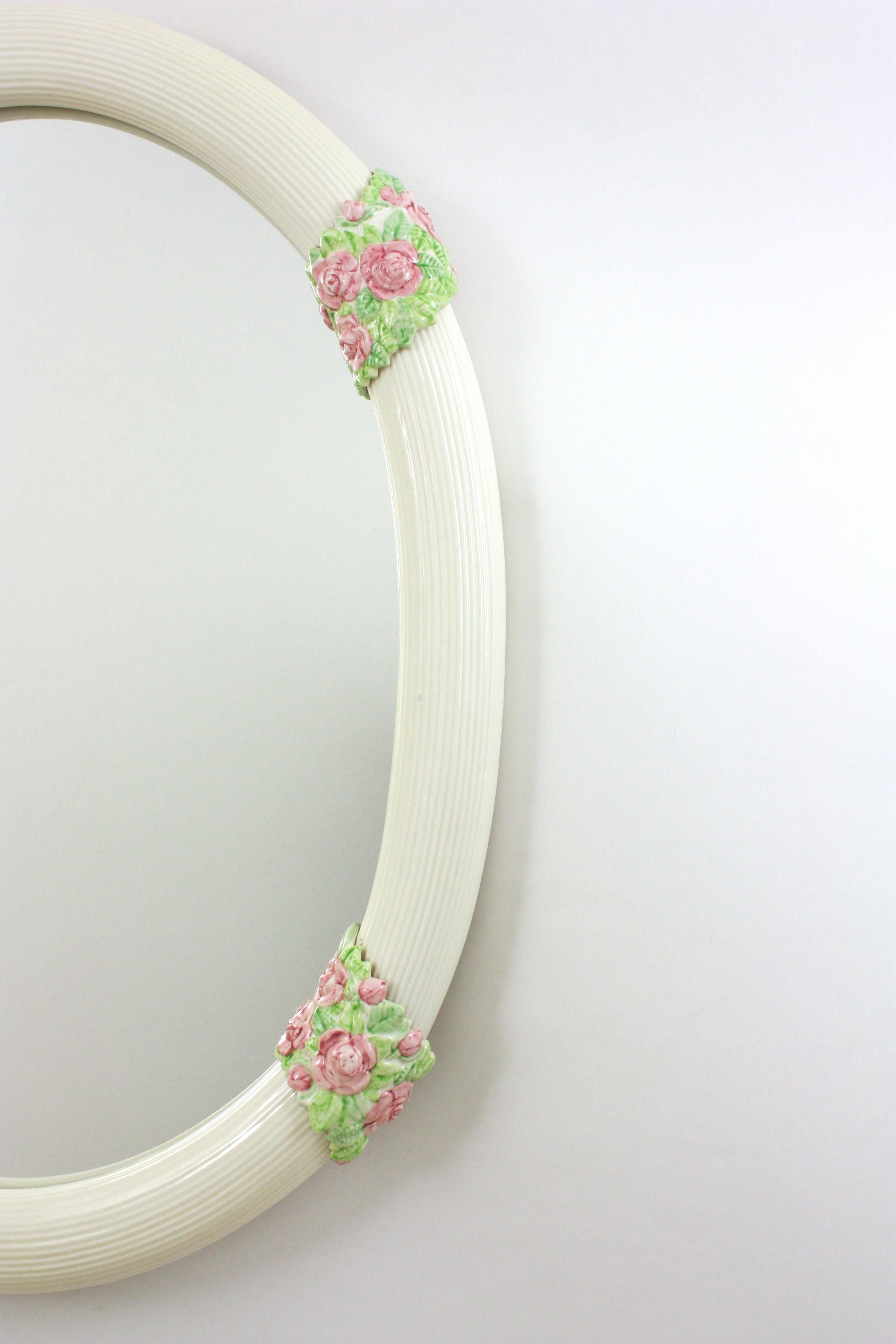 Oval Mirror in White Glazed Ceramic with Pink Flowers, Spain 1950s For Sale 2