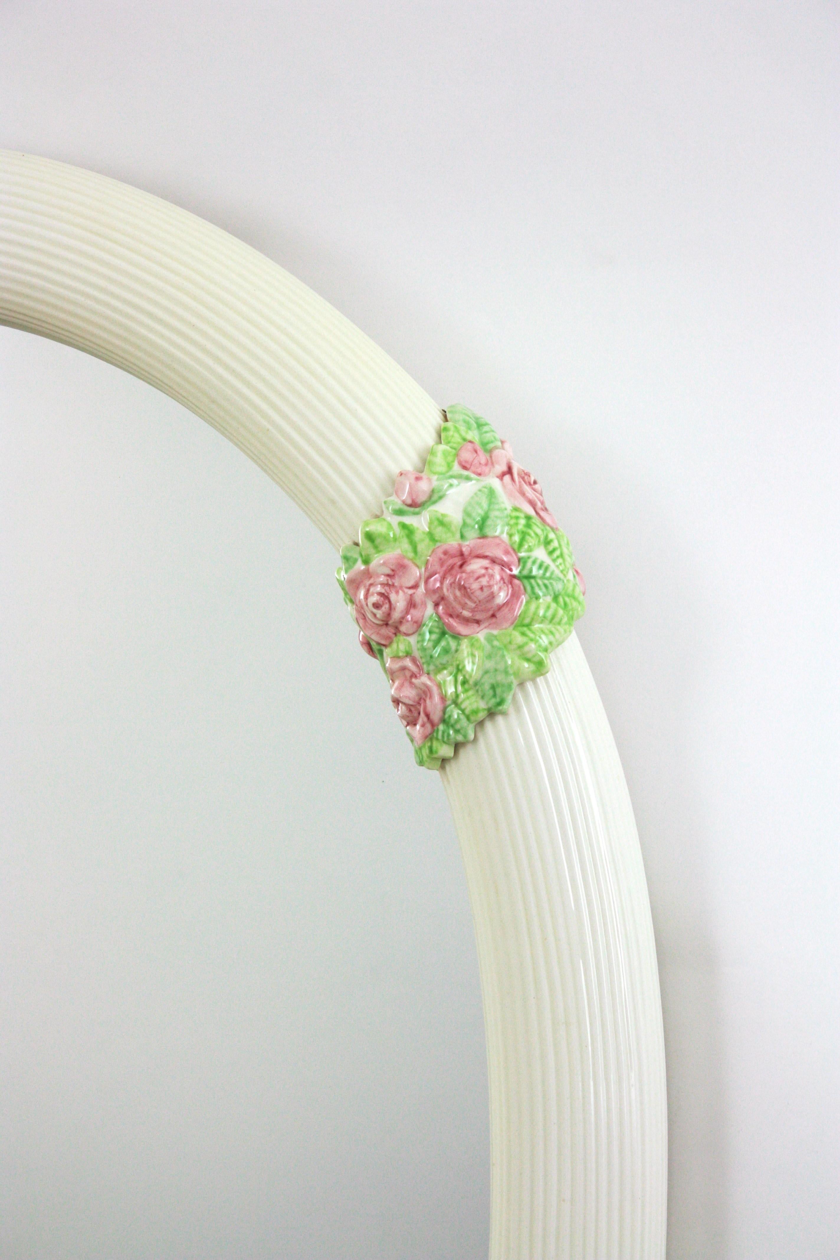 Oval Mirror in White Glazed Ceramic with Pink Flowers, Spain 1950s For Sale 3