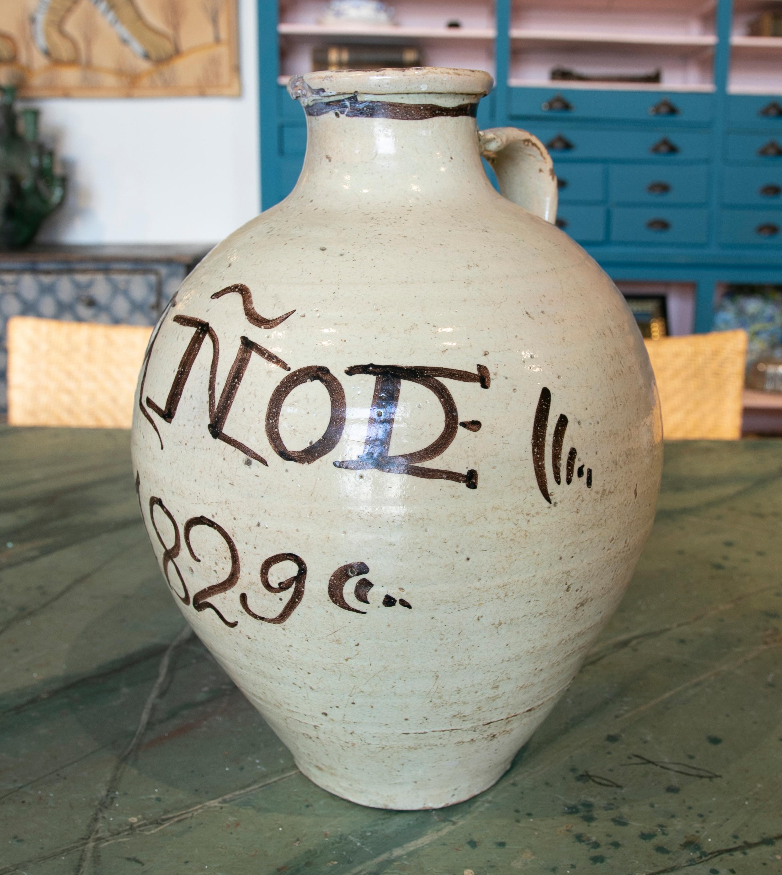 Spanish White Glazed Pottery Dated 1829 In Good Condition For Sale In Marbella, ES