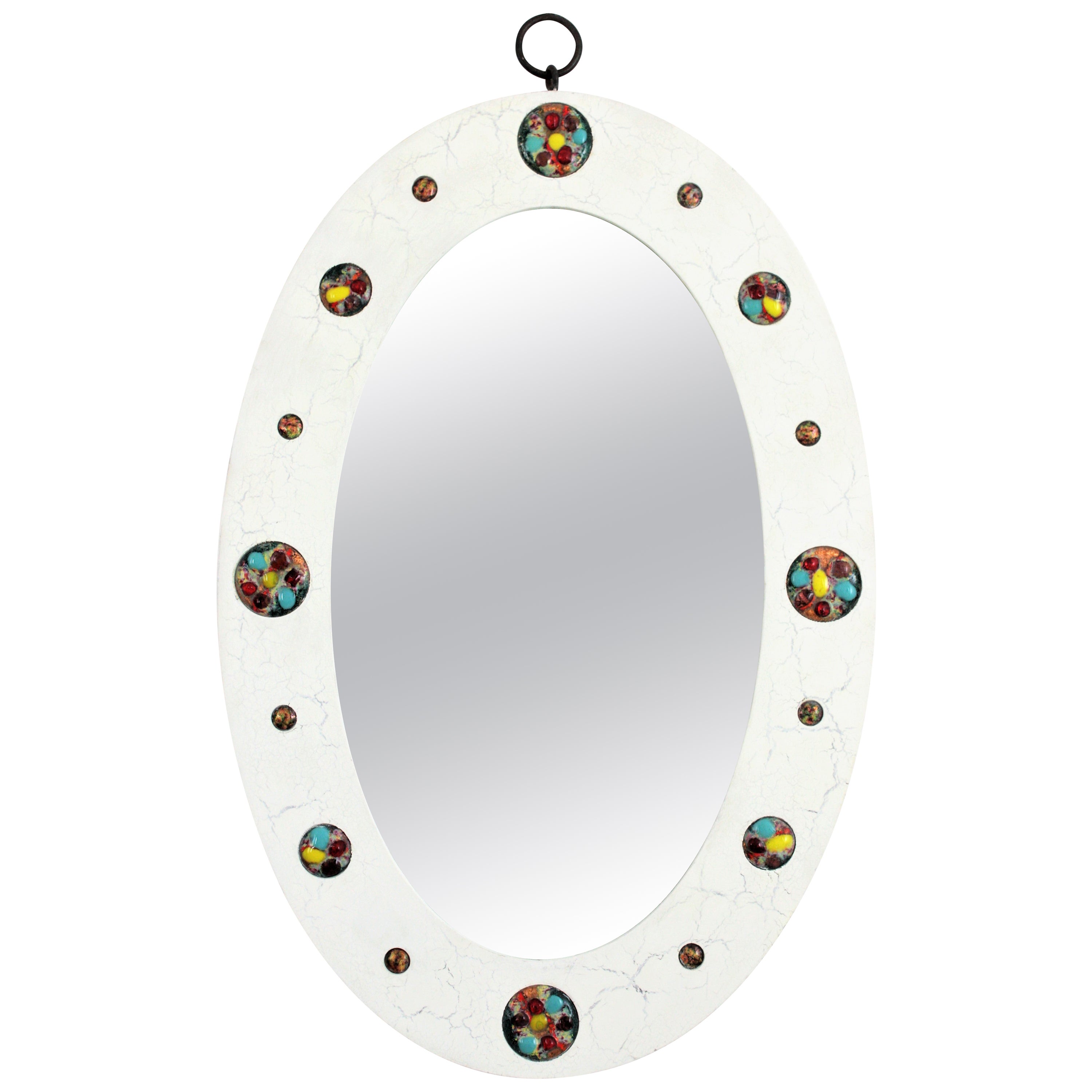 Spanish White Oval Mirror with Colorful Enamel Details, 1960s