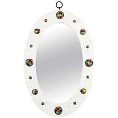 Spanish White Oval Mirror with Colorful Enamel Details, 1960s