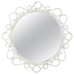 Spanish White Patinated Rattan Round Mirror with Scroll Details, 1960