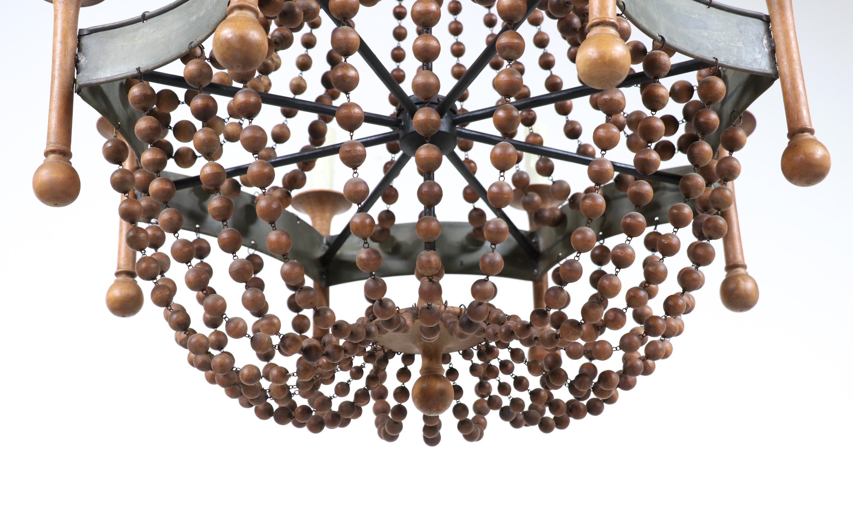 Spanish Wood Beaded Chandelier In Good Condition In Los Angeles, CA
