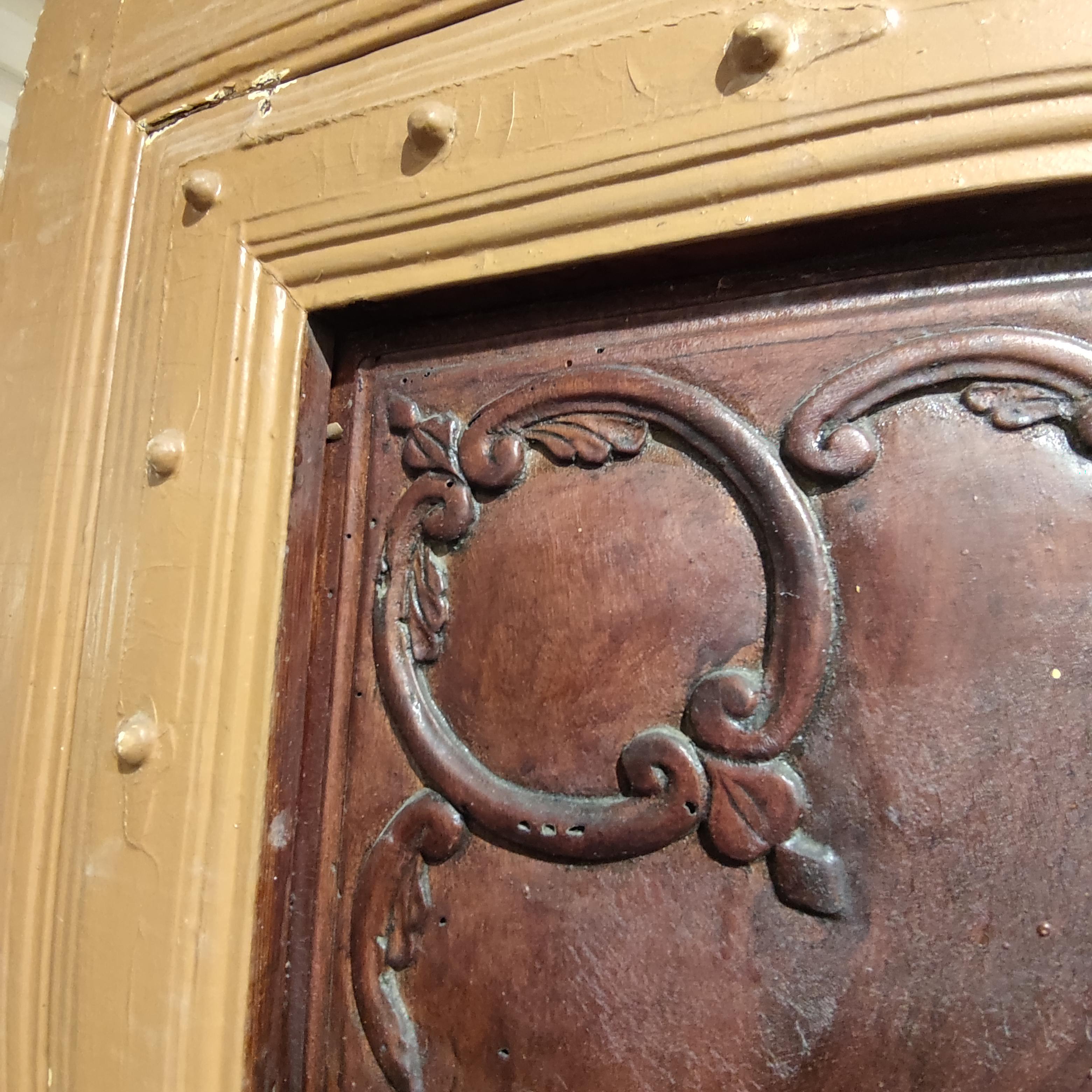 Spanish Wood Main Door 1861 Inscribed Wrought Iron Grille w/ Bronze Door Knock 3
