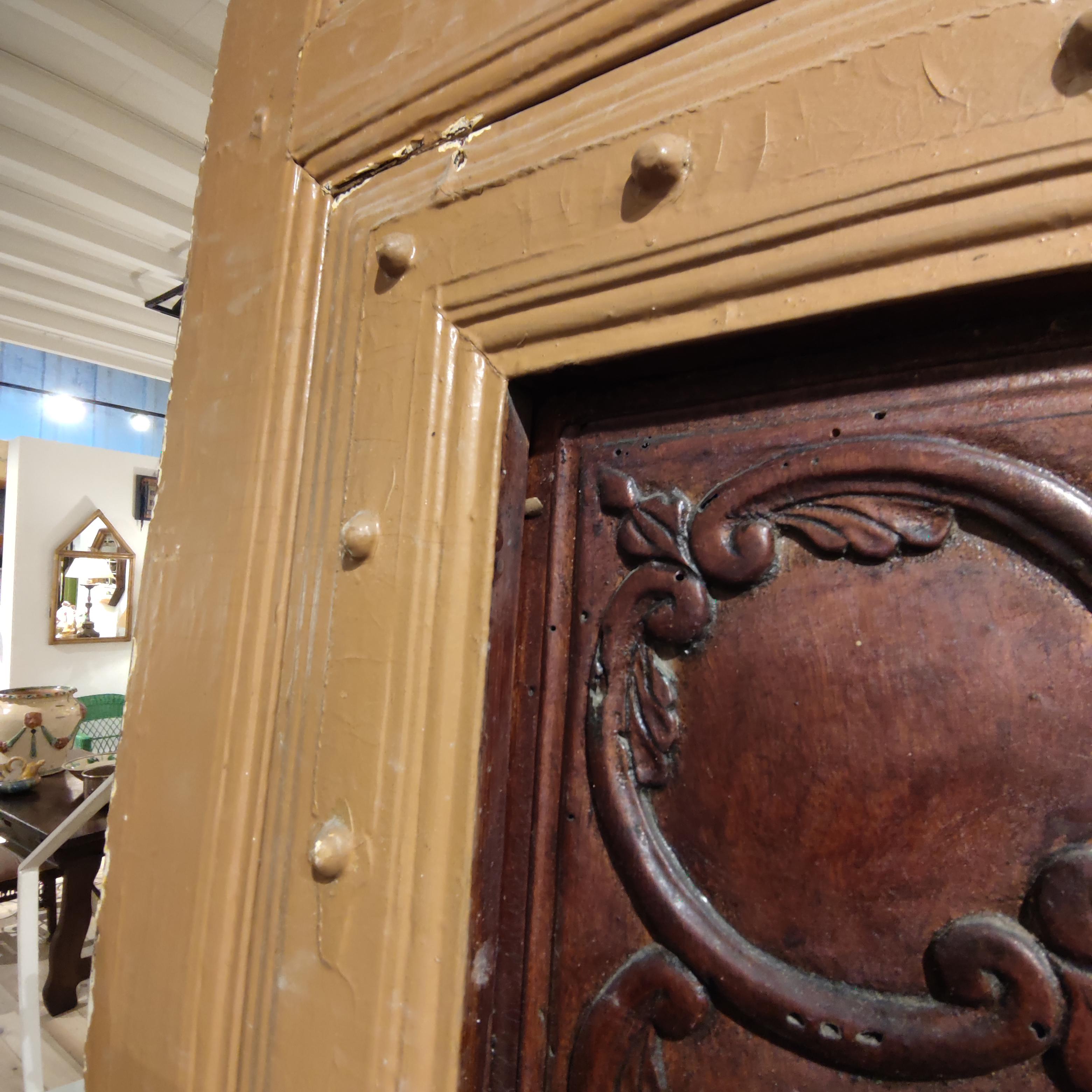 Spanish Wood Main Door 1861 Inscribed Wrought Iron Grille w/ Bronze Door Knock 4
