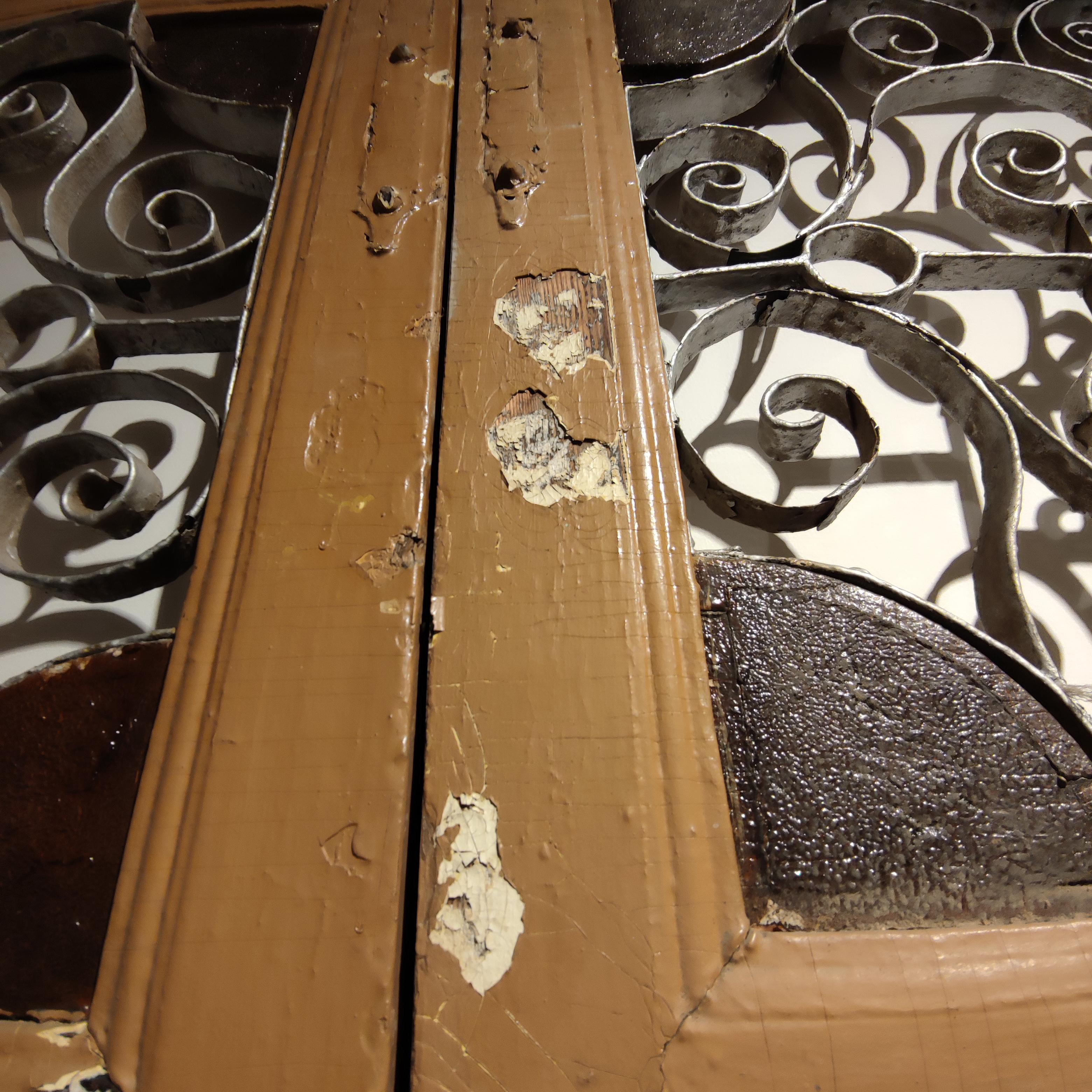 Spanish Wood Main Door 1861 Inscribed Wrought Iron Grille w/ Bronze Door Knock 6