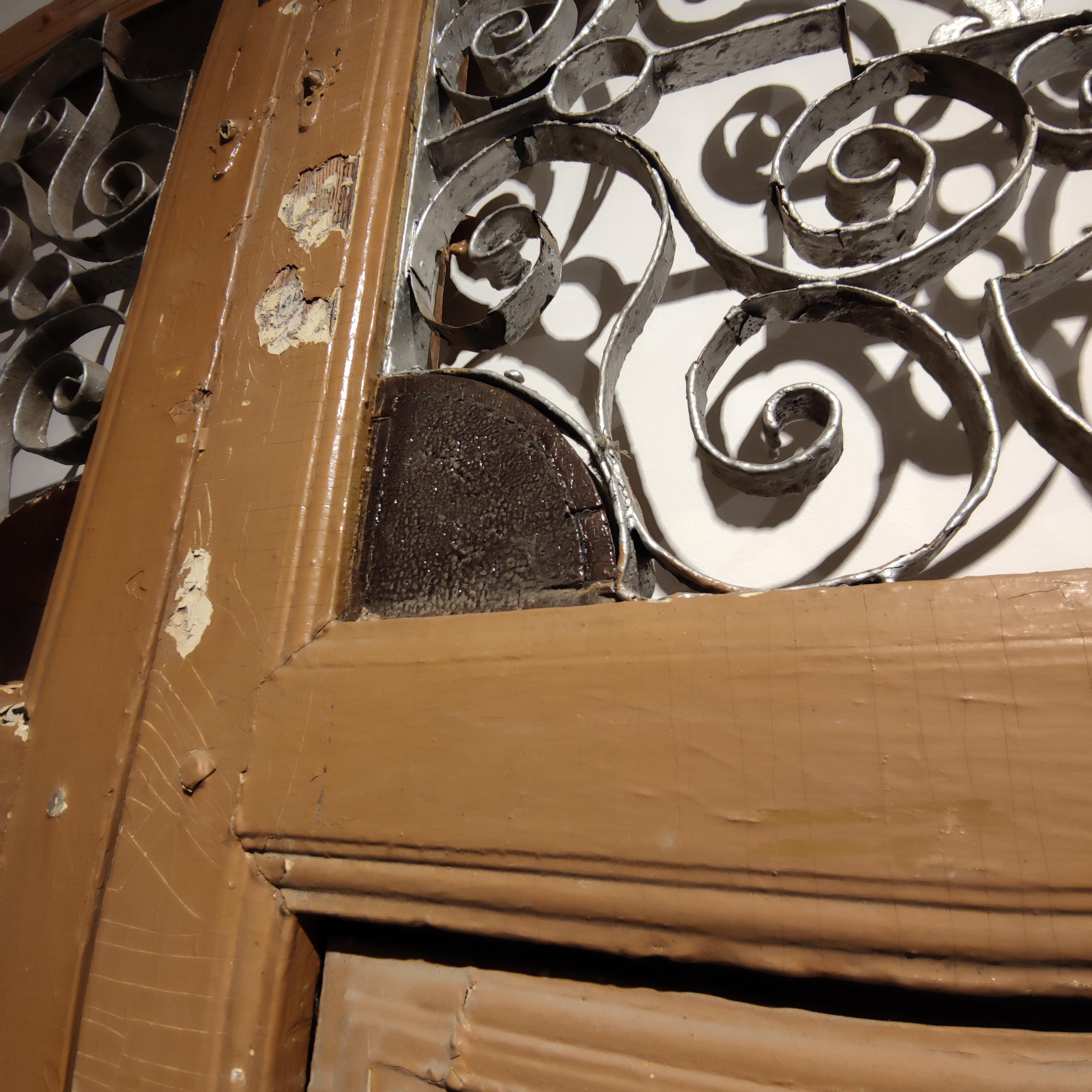 Spanish Wood Main Door 1861 Inscribed Wrought Iron Grille w/ Bronze Door Knock 7
