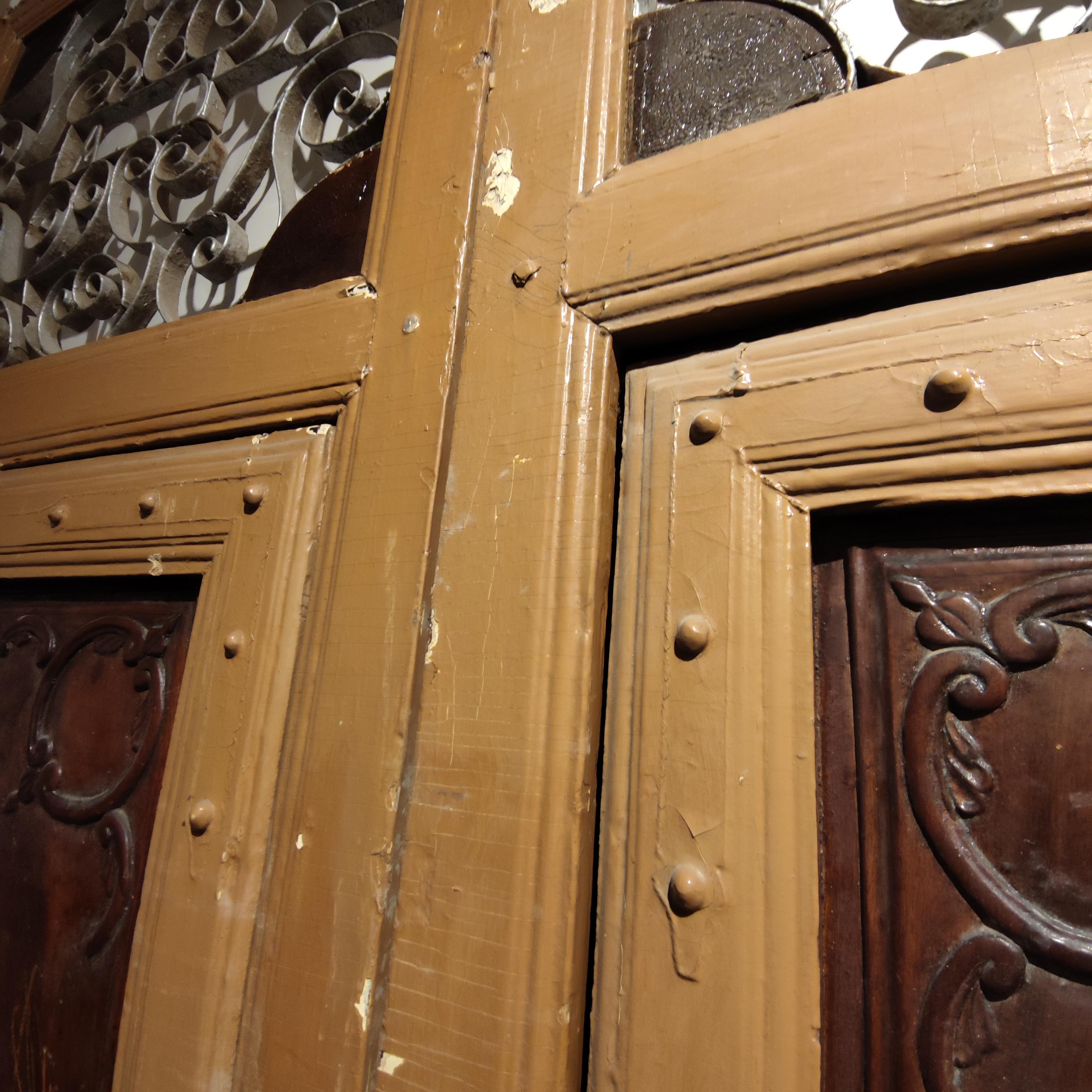 Spanish Wood Main Door 1861 Inscribed Wrought Iron Grille w/ Bronze Door Knock 8