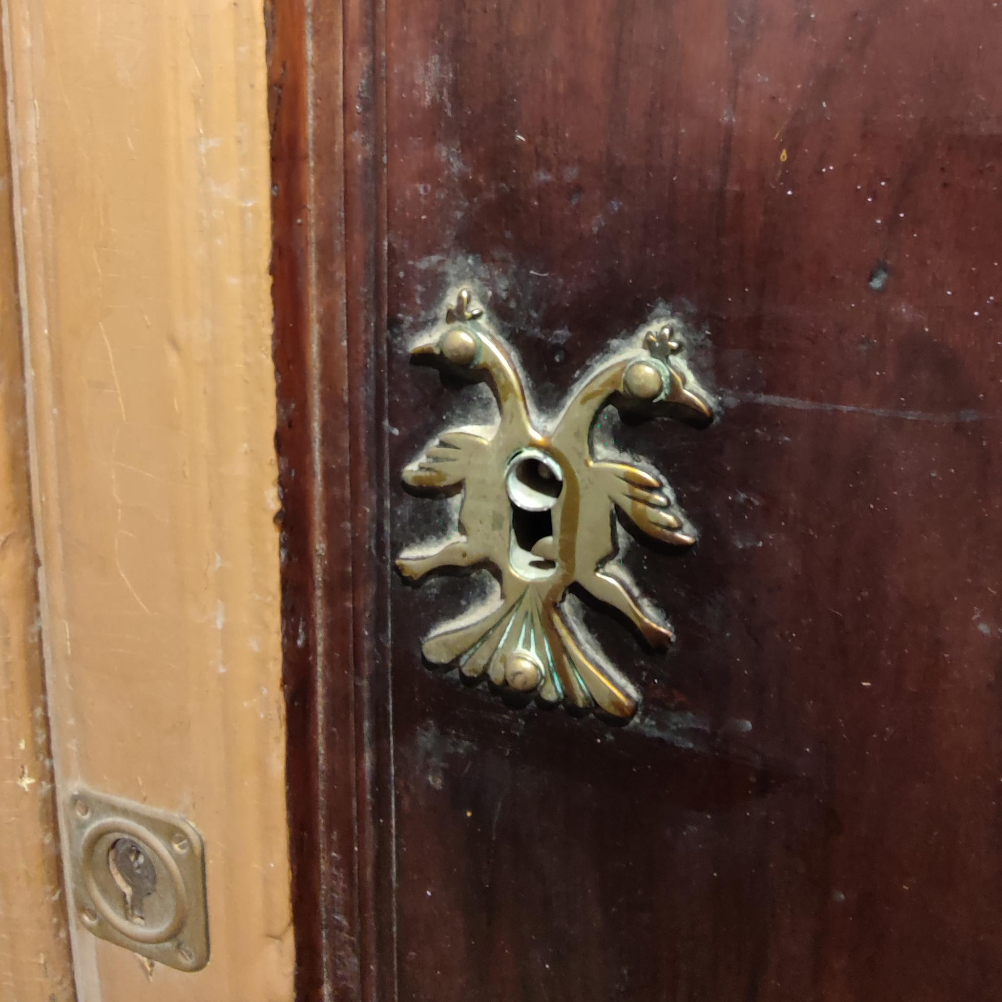 Spanish Wood Main Door 1861 Inscribed Wrought Iron Grille w/ Bronze Door Knock 12