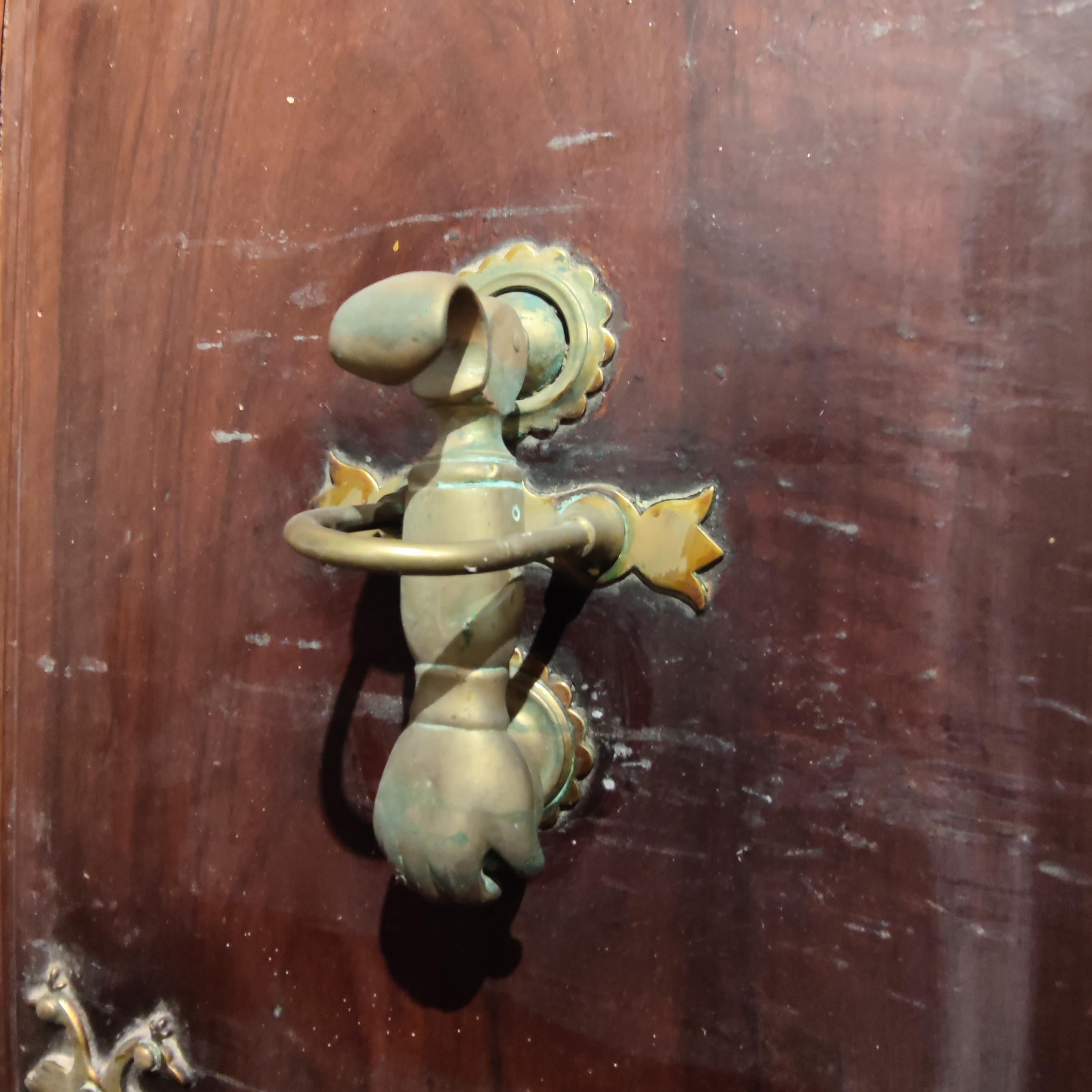 Spanish Wood Main Door 1861 Inscribed Wrought Iron Grille w/ Bronze Door Knock 13