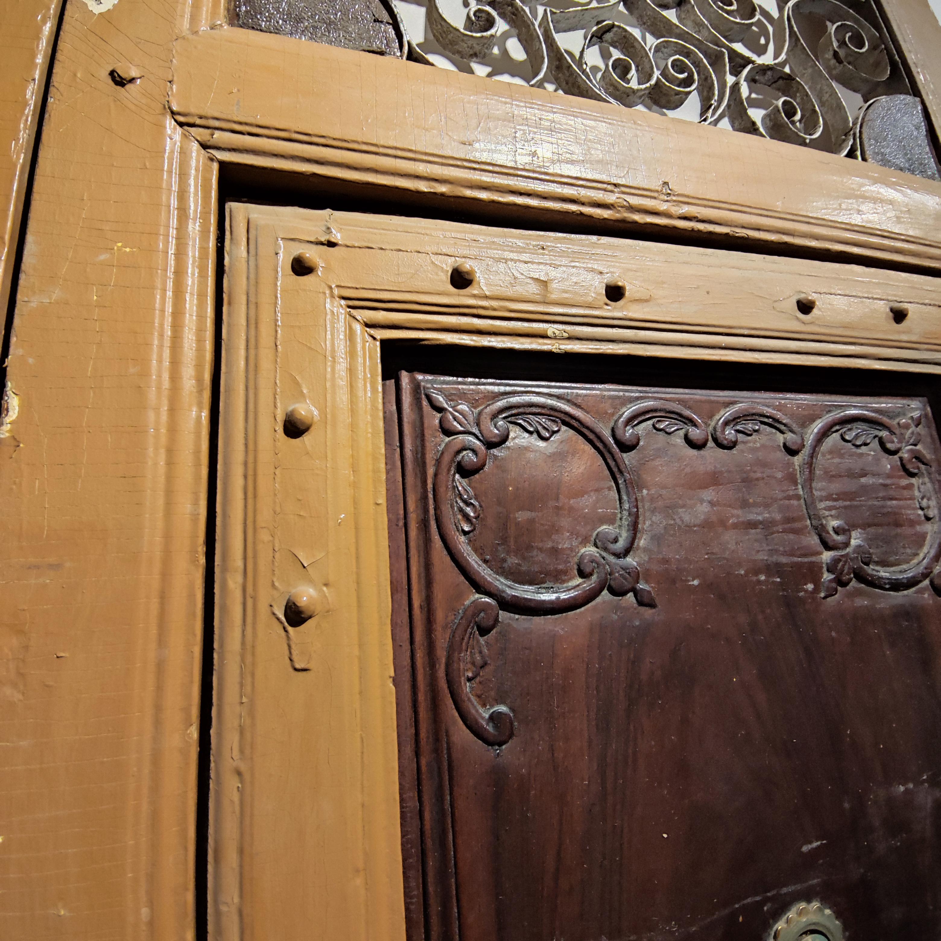 Spanish Wood Main Door 1861 Inscribed Wrought Iron Grille w/ Bronze Door Knock In Good Condition In Marbella, ES