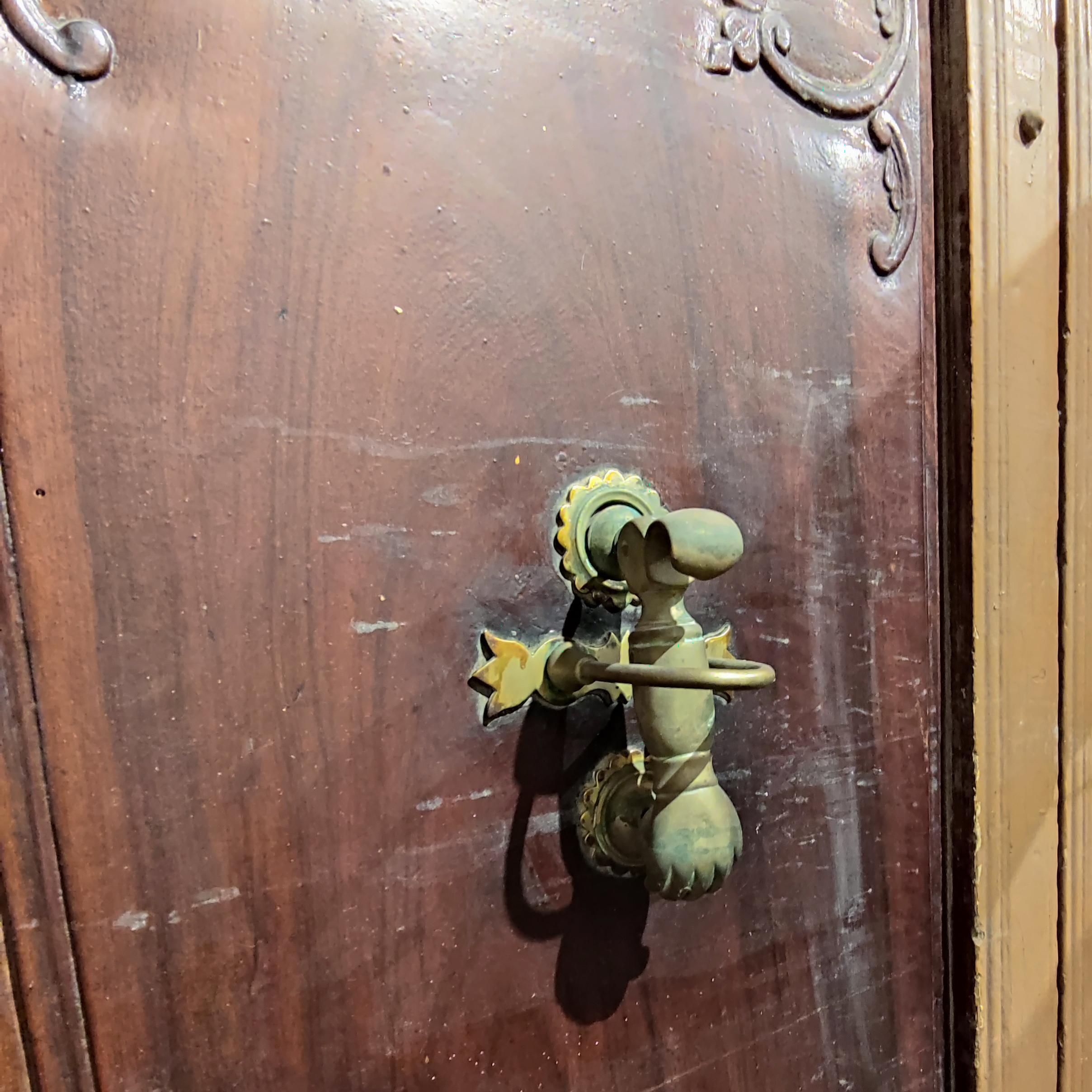 Spanish Wood Main Door 1861 Inscribed Wrought Iron Grille w/ Bronze Door Knock 1