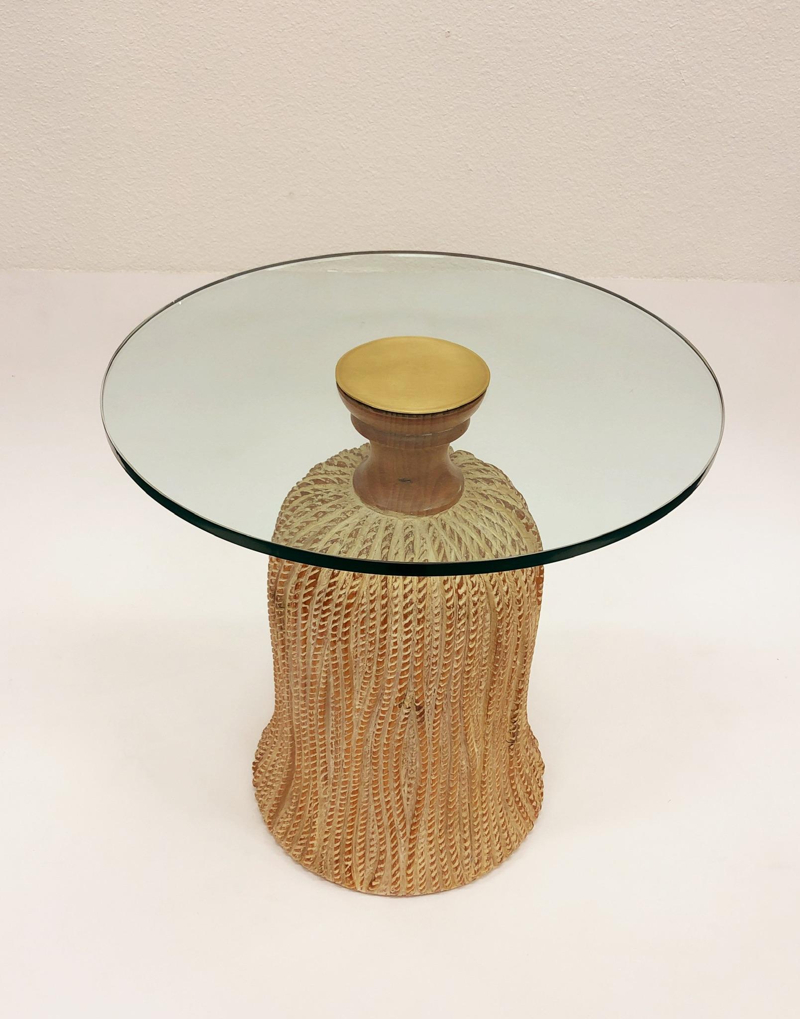 Spanish Wood Tassel and Glass Side Table by Sarreid Ltd. In Excellent Condition In Palm Springs, CA