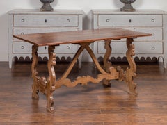 Spanish Wooden Baroque Style 1860s Fratino Console Table with Lyre shaped Legs