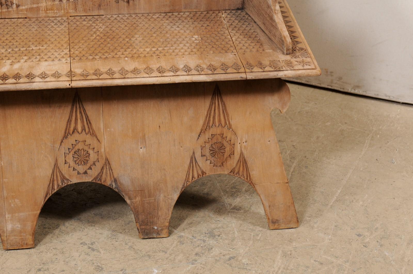 Spanish Wooden Bench w/Arms & Back, Moorish Influenced Carving & Nicely Textured In Good Condition For Sale In Atlanta, GA