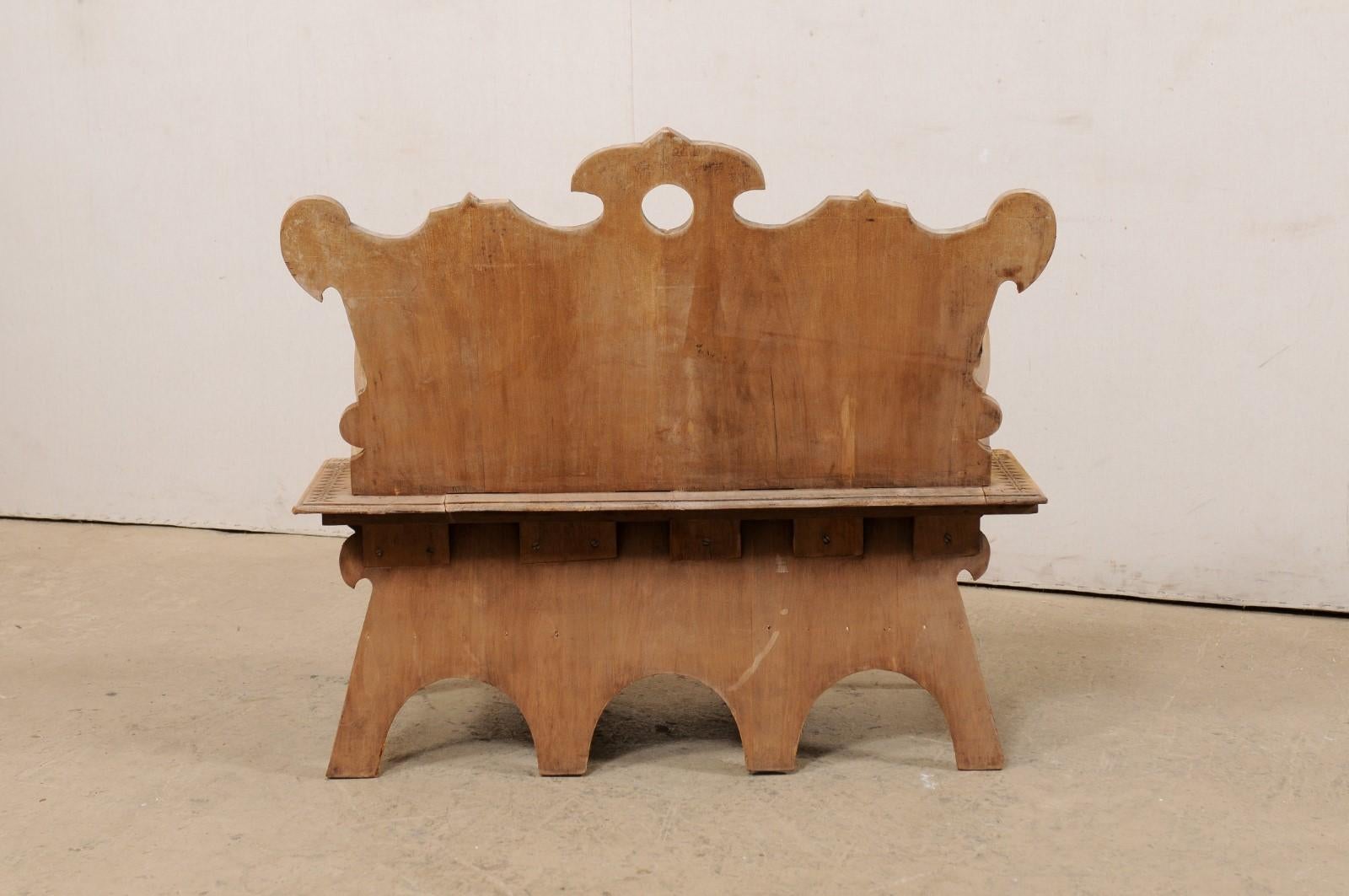 Spanish Wooden Bench w/Arms & Back, Moorish Influenced Carving & Nicely Textured For Sale 1