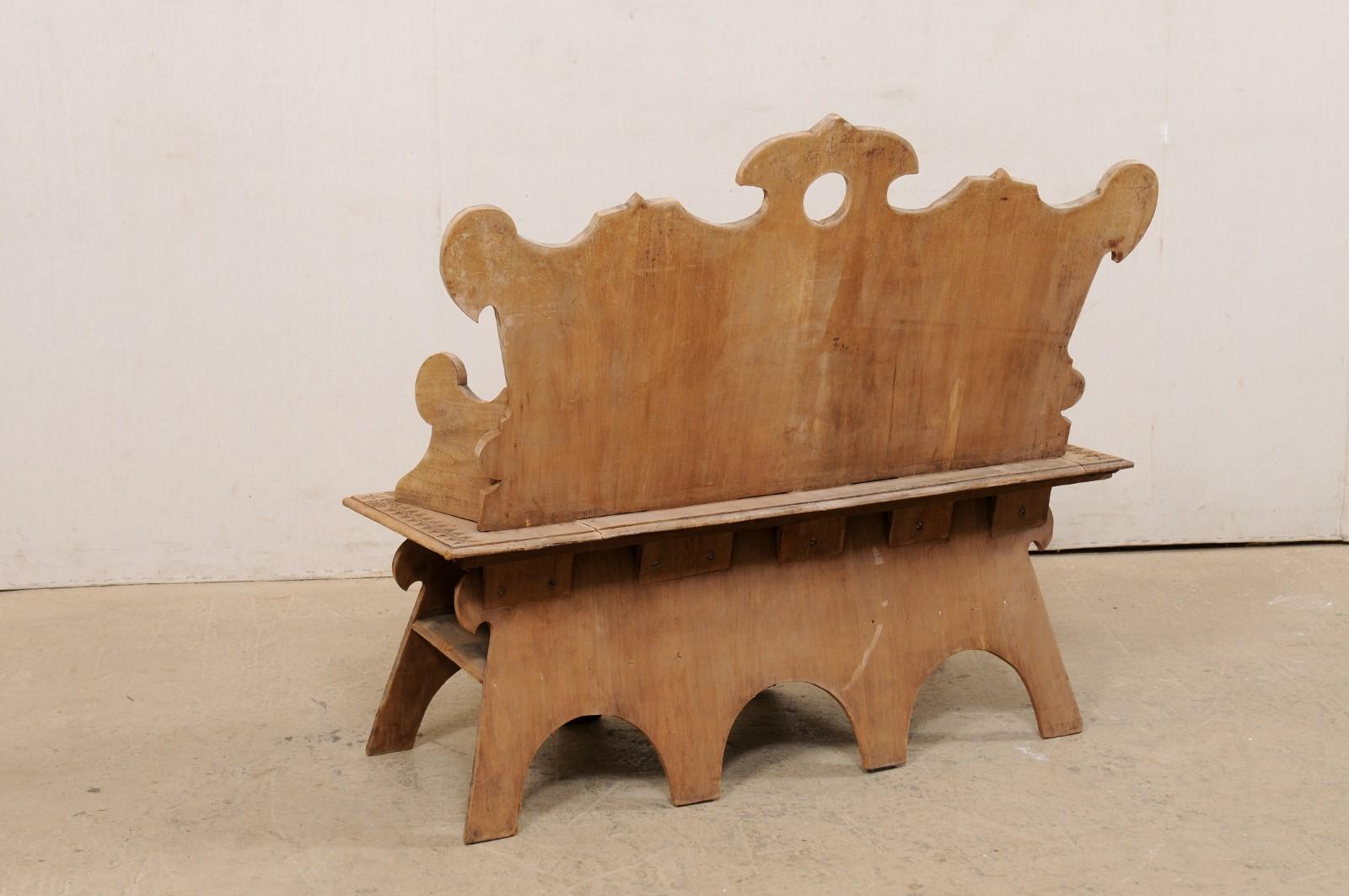 Spanish Wooden Bench w/Arms & Back, Moorish Influenced Carving & Nicely Textured For Sale 2