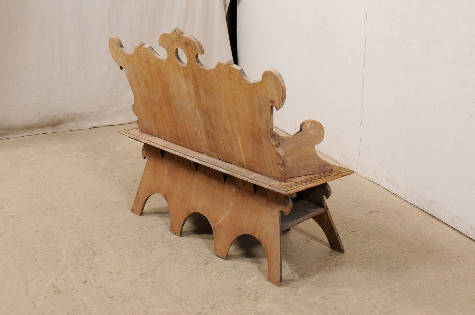 Spanish Wooden Bench w/Arms & Back, Moorish Influenced Carving & Nicely Textured For Sale 3