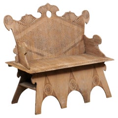 Retro Spanish Wooden Bench w/Arms & Back, Moorish Influenced Carving & Nicely Textured