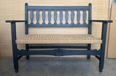 Spanish Wooden Bench with Arms and Handwoven Seat