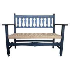 Spanish Wooden Bench with Arms and Handwoven Seat