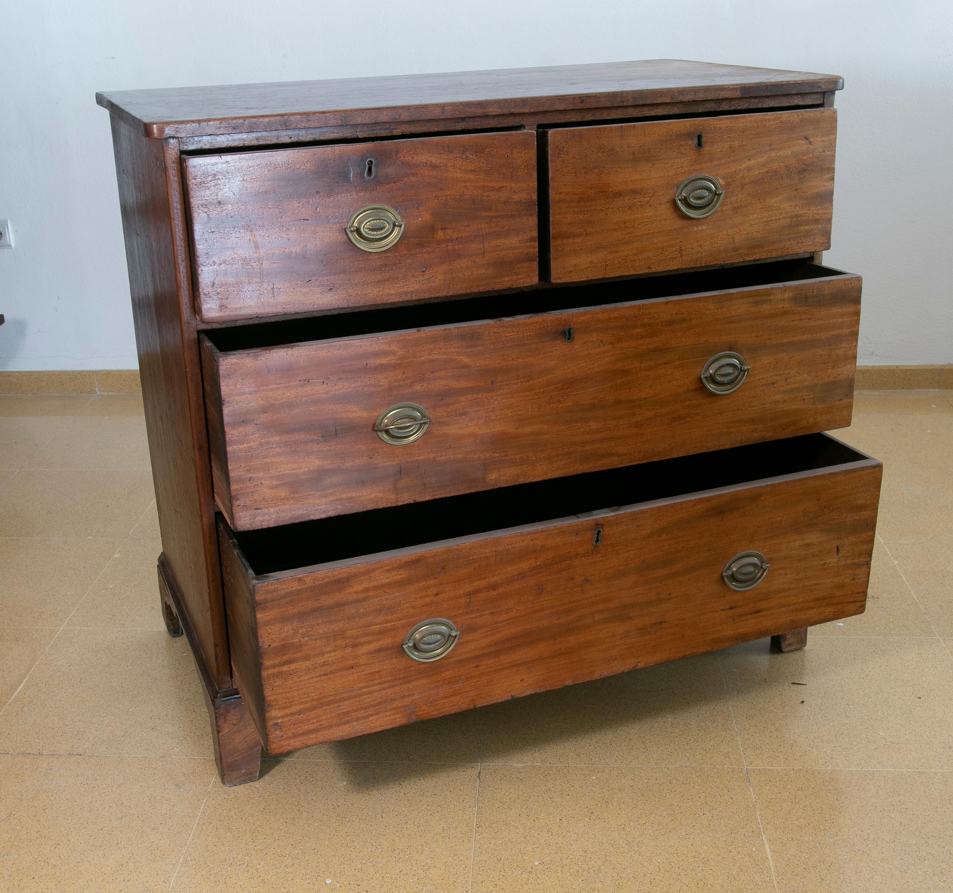 Cassettiera spagnola in legno con quattro cassetti e tiretti in metallo dorato.