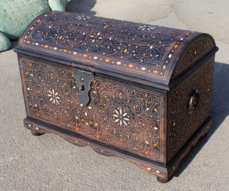 Spanish Wooden Chest with Inlay Decorations and Iron Fittings For Sale