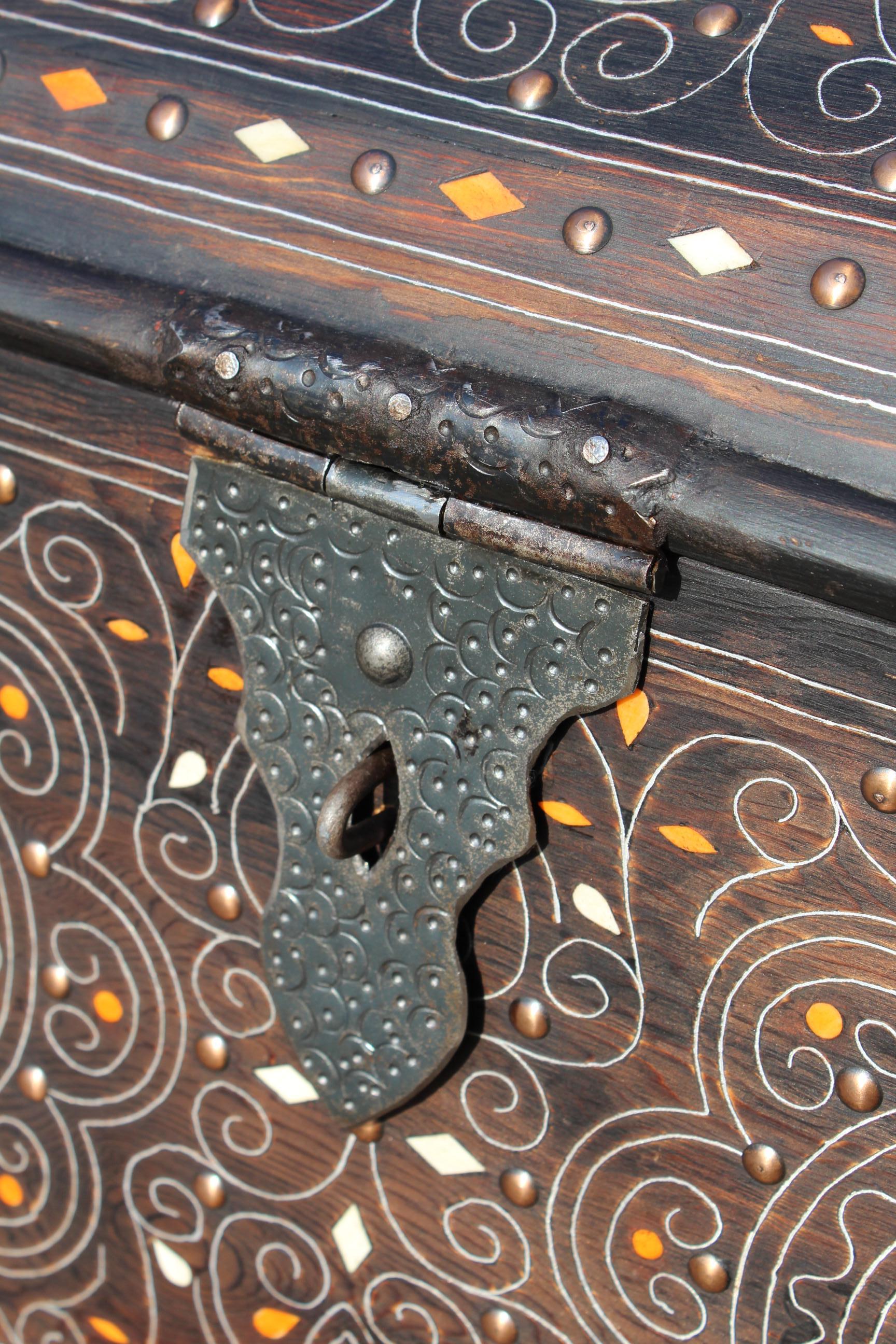 Contemporary Spanish Wooden Chest with Inlay Decorations and Iron Fittings