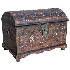 Spanish Wooden Chest with Inlay Decorations and Iron Fittings