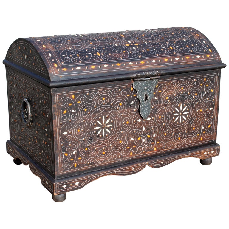 Spanish Wooden Chest with Inlay Decorations and Iron Fittings For Sale