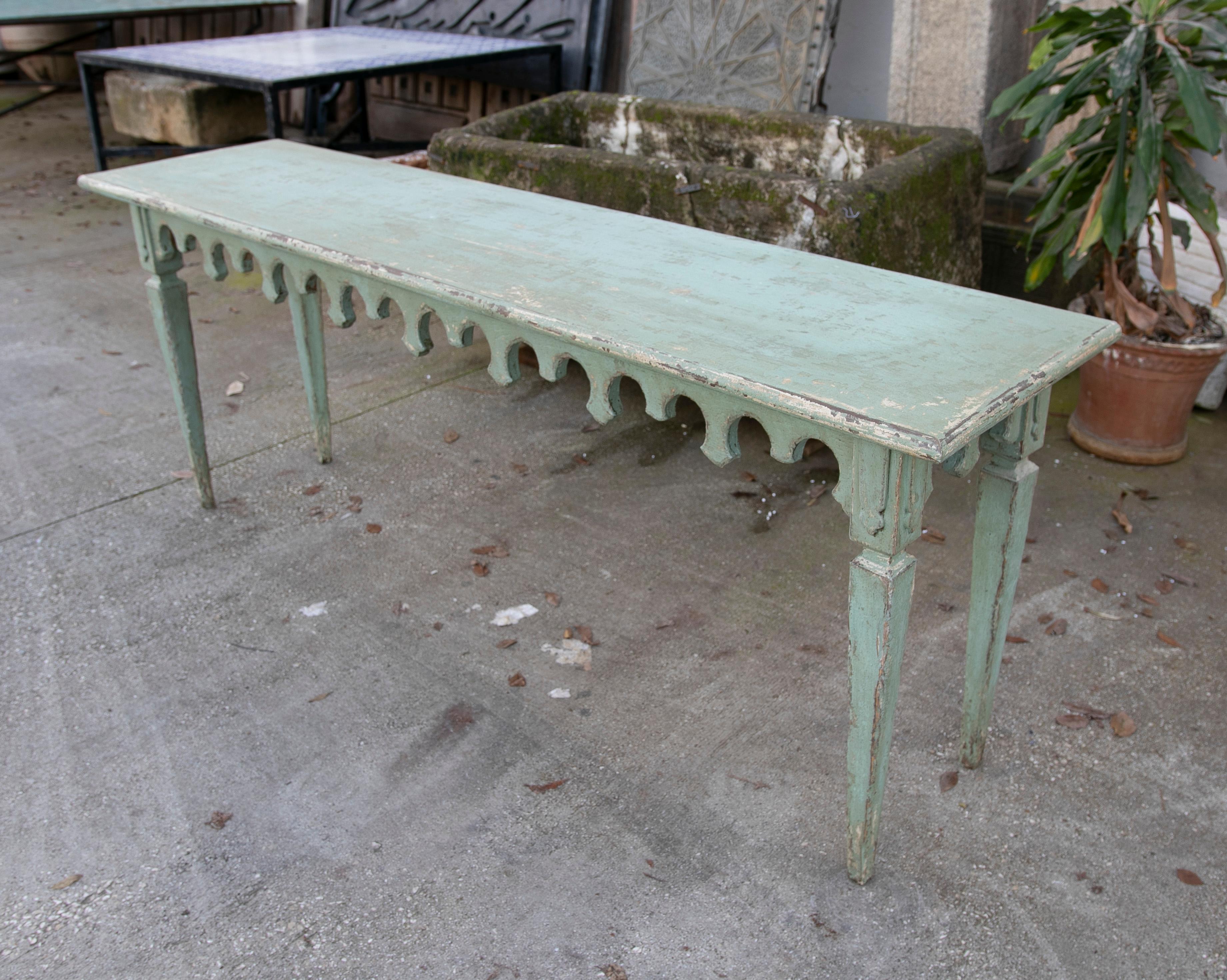 Hand-Painted Spanish Wooden Console with Hand Carved and Hand Painted Skirt For Sale