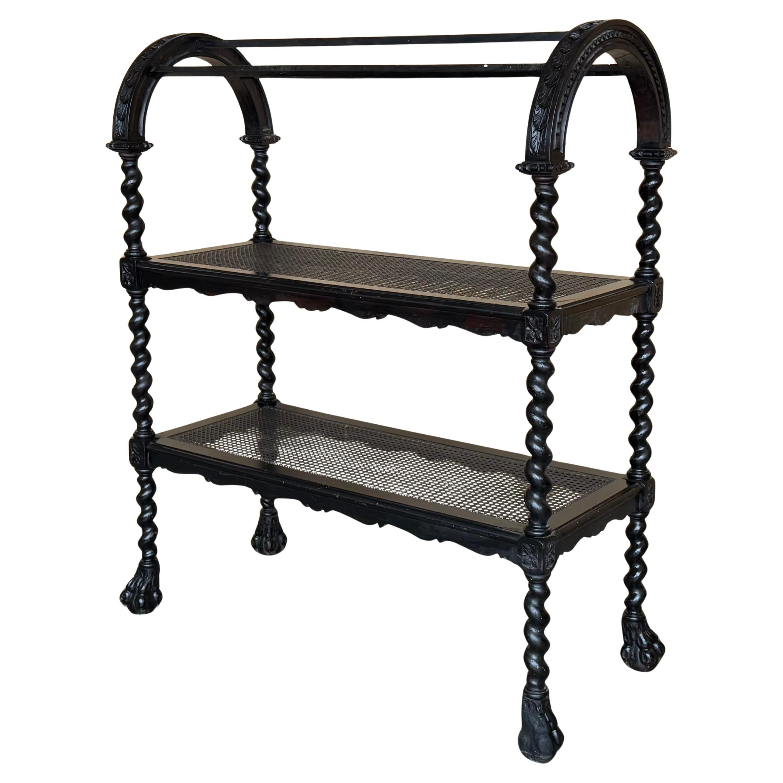 Spanish Wooden Magazine Rack with Marquetry or Etagere with cane shelves
