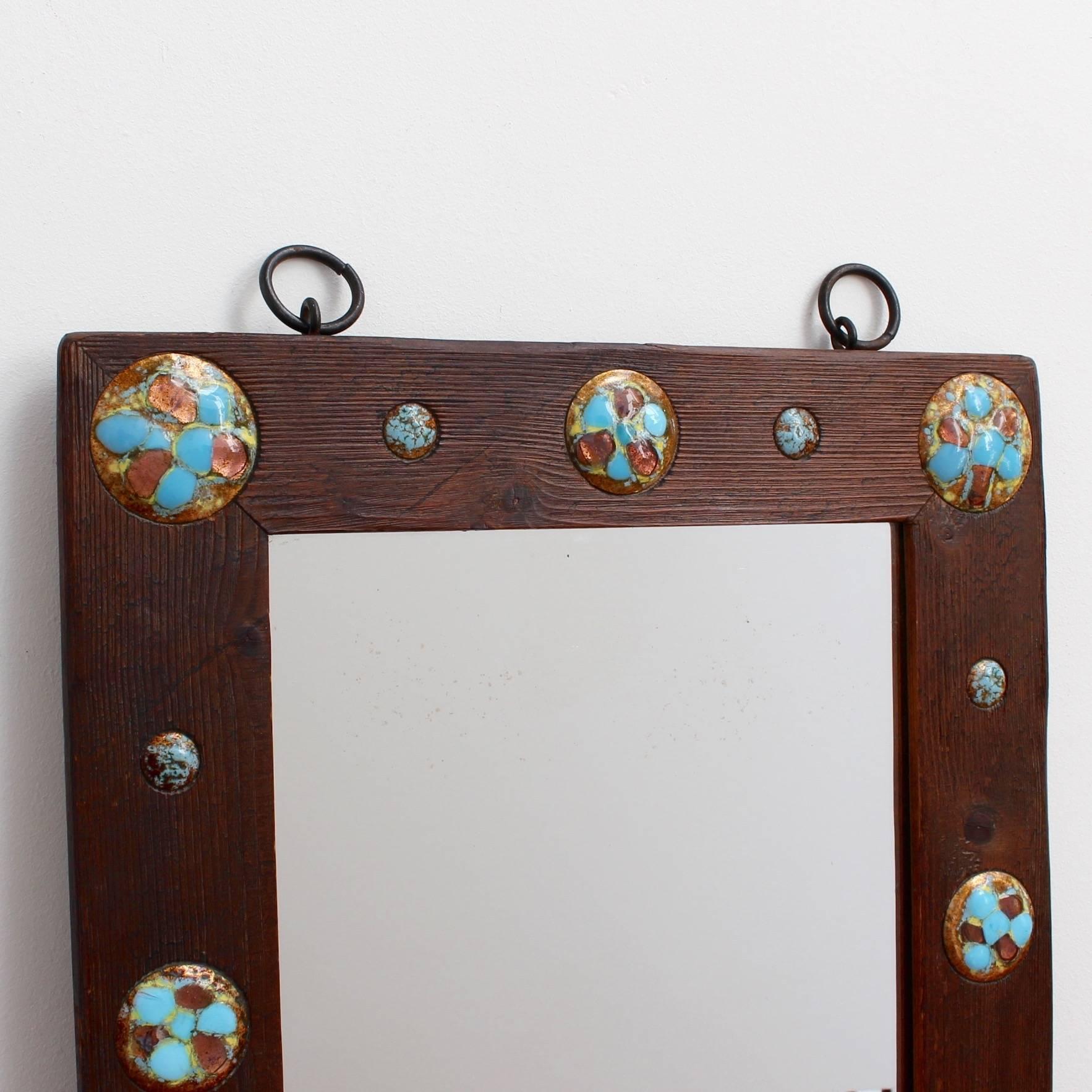 Modern Spanish Wooden Mirror with Enamel Copper Decoration by Capo Esmaltes c. 1960s