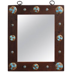 Spanish Wooden Mirror with Enamel Copper Decoration by Capo Esmaltes c. 1960s