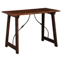 Antique Spanish Wooden Trestle-Leg Table w/Bell-Shaped Iron Stretcher, Early 19th C.