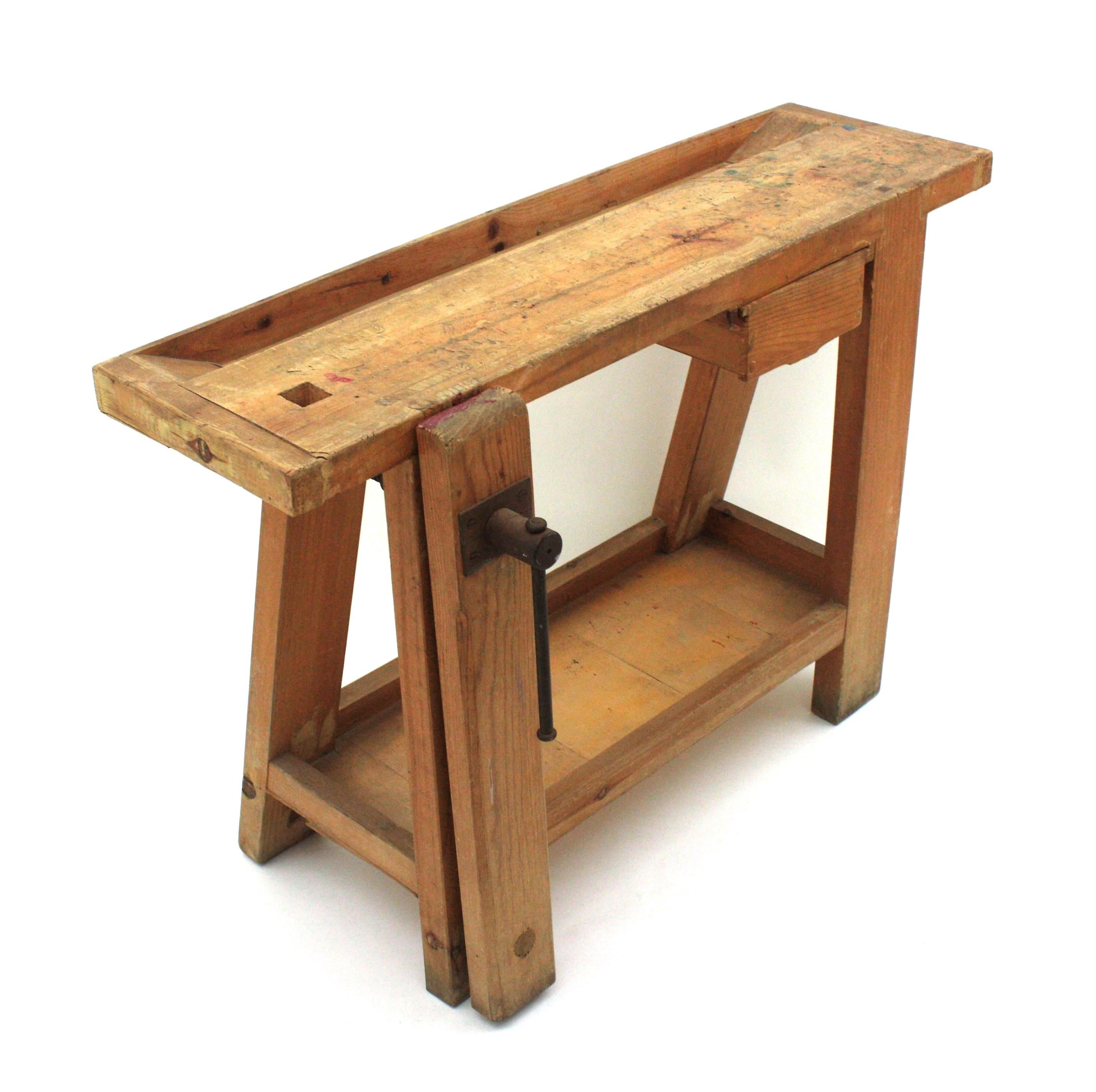 Child Workbench as Console Table, Spain, 1930s
Child size carpenter's workbench console. Brutalist wood work bench table with original hardware and fantastic patina.
Unusual size.
To be used as console table or sofa couch table in any industrial,