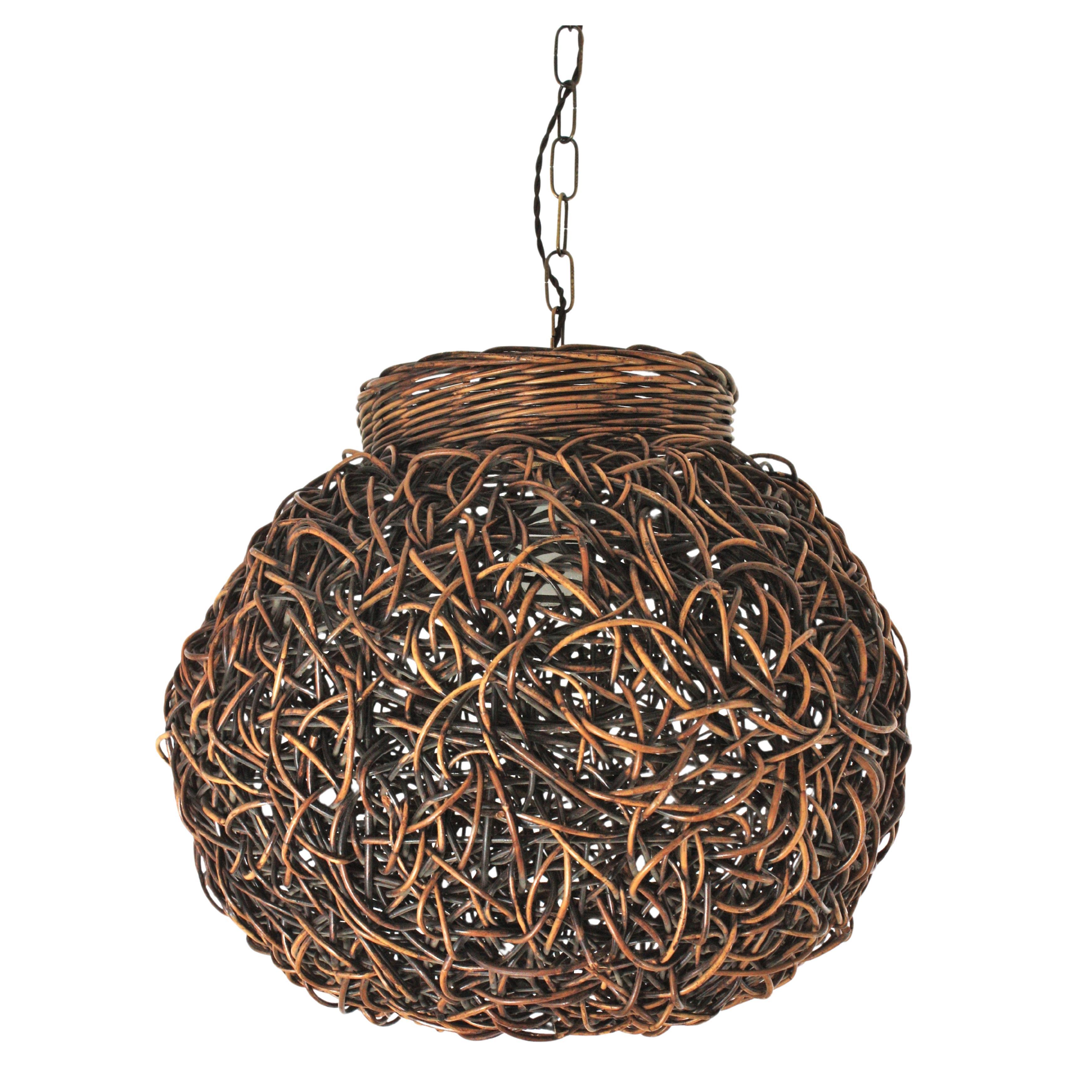 Spanish Woven Rattan Large Globe Pendant Light or Lantern, 1960s For Sale