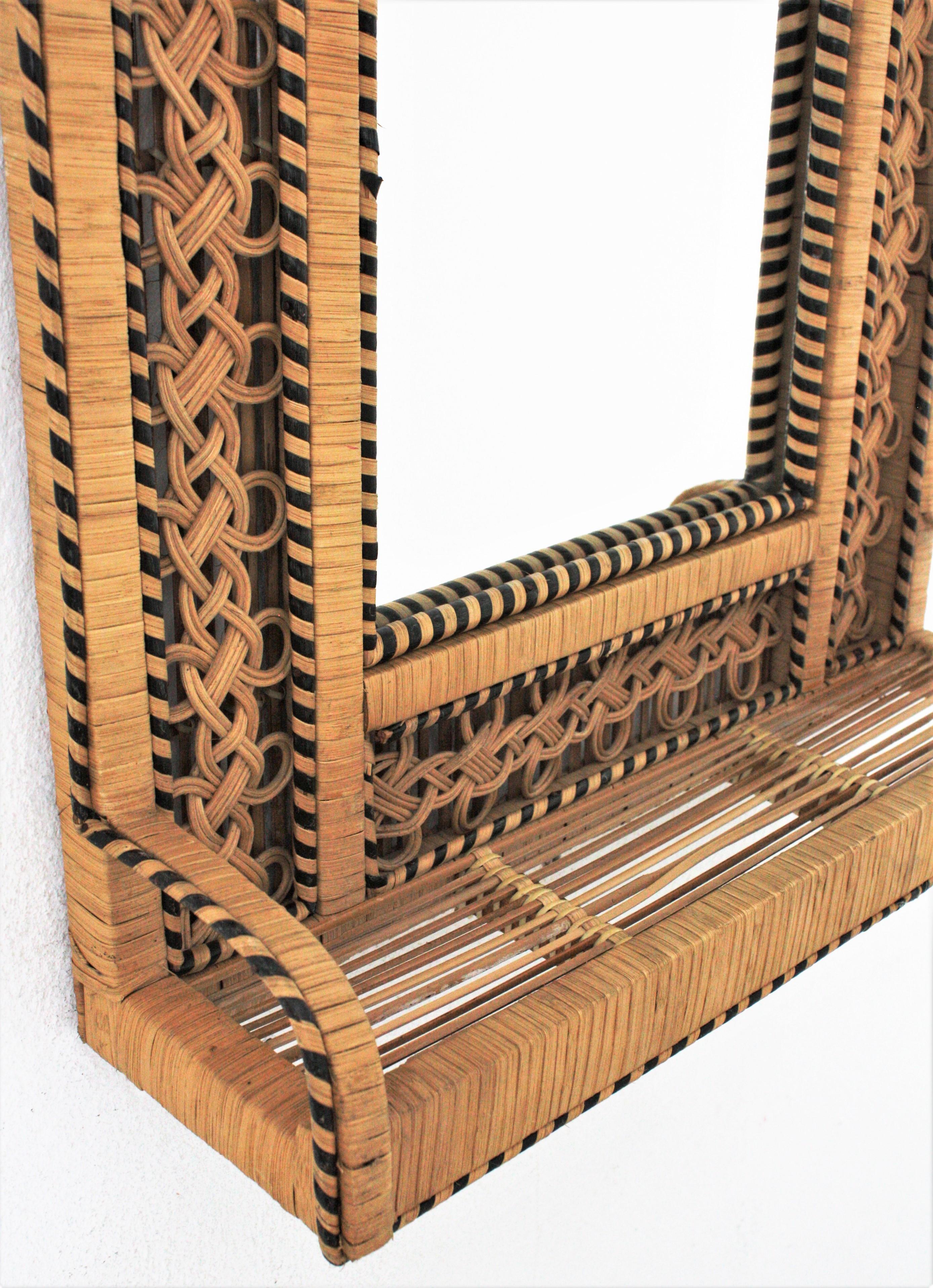 Spanish Rattan and Woven Wicker Mirror Shelf with Filigree Frame, 1960s