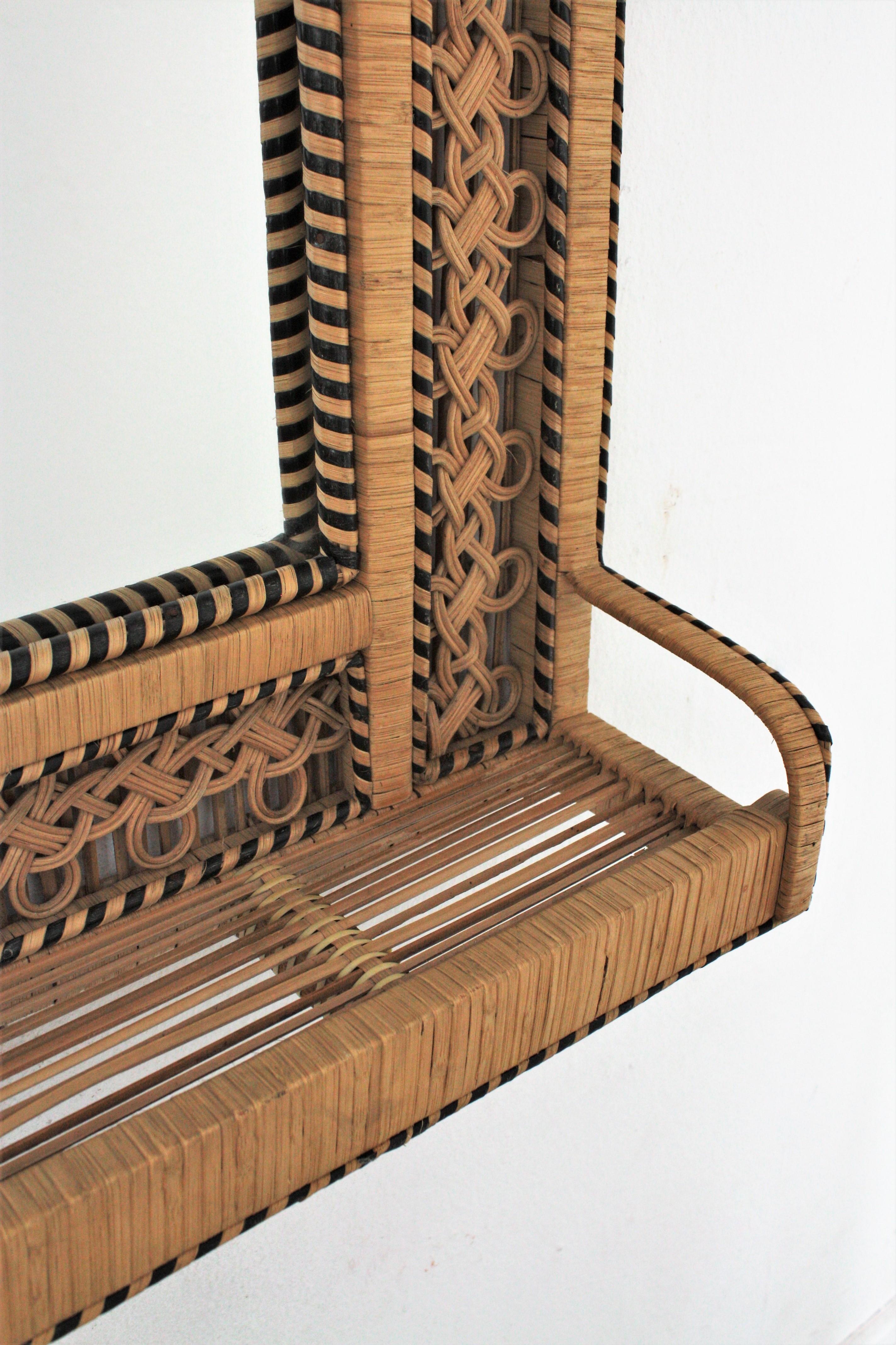 Hand-Crafted Rattan and Woven Wicker Mirror Shelf with Filigree Frame, 1960s