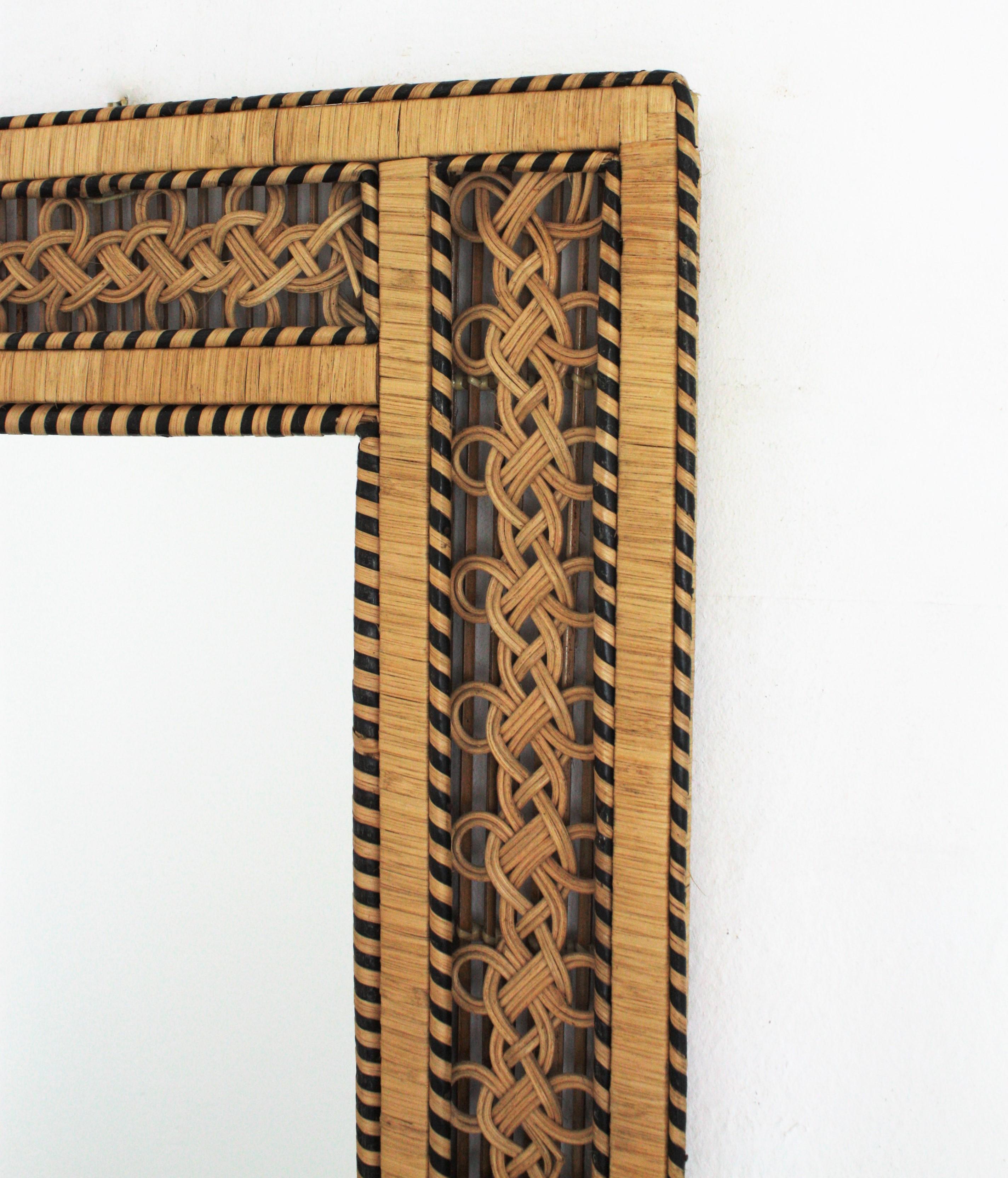 Rattan and Woven Wicker Mirror Shelf with Filigree Frame, 1960s In Good Condition In Barcelona, ES