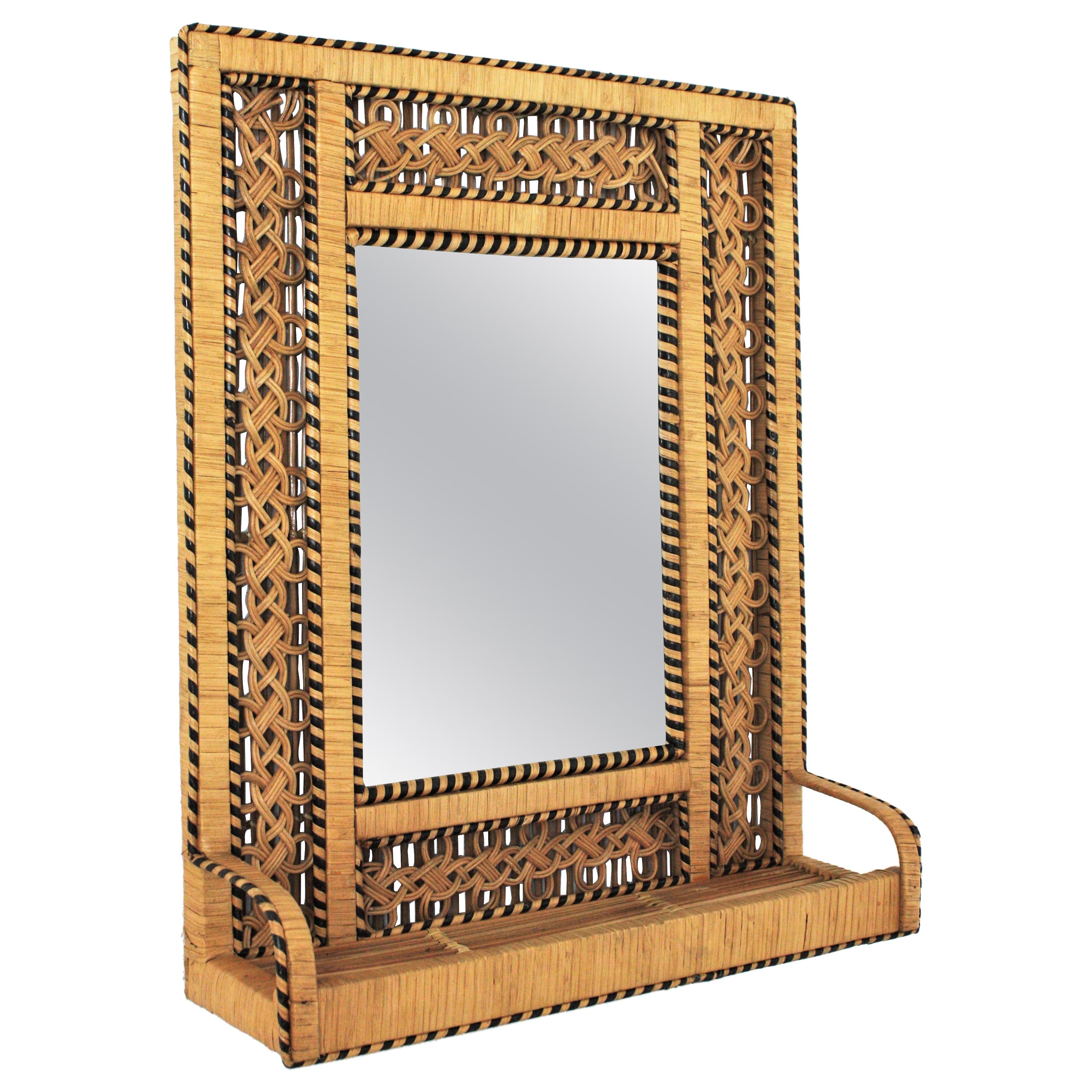 Rattan and Woven Wicker Mirror Shelf with Filigree Frame, 1960s